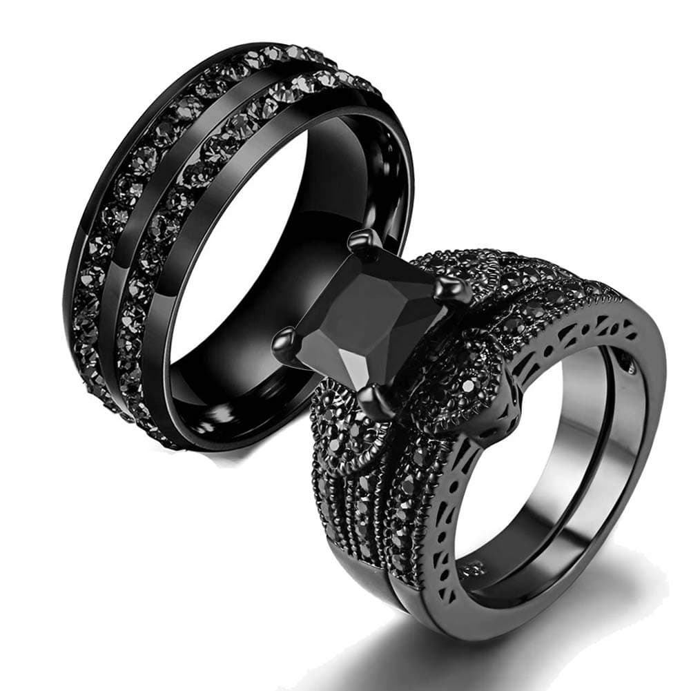 Couple Ring His Hers Women Black Gold Filled Cz Men Stainless Steel Bridal Sets Wedding Band