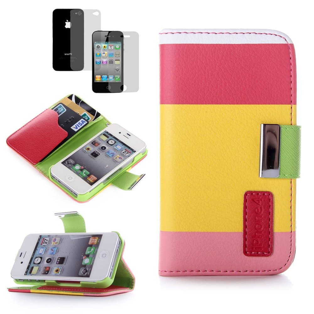 ATC Masione(TM) Apple iPhone 4/4S Credit Card Hard Shell Case Stand with Silicone Core + Screen Protector & Stylus (Wallet case Red+Yellow+Pink)