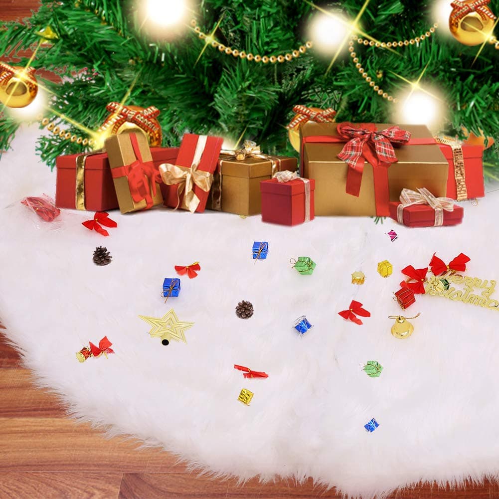 Christmas Tree Skirts, White Faux Fur Tree Skirts 60 Inches, Snowman Tree Skirts，Design for Christmas & New Year Party Decoration