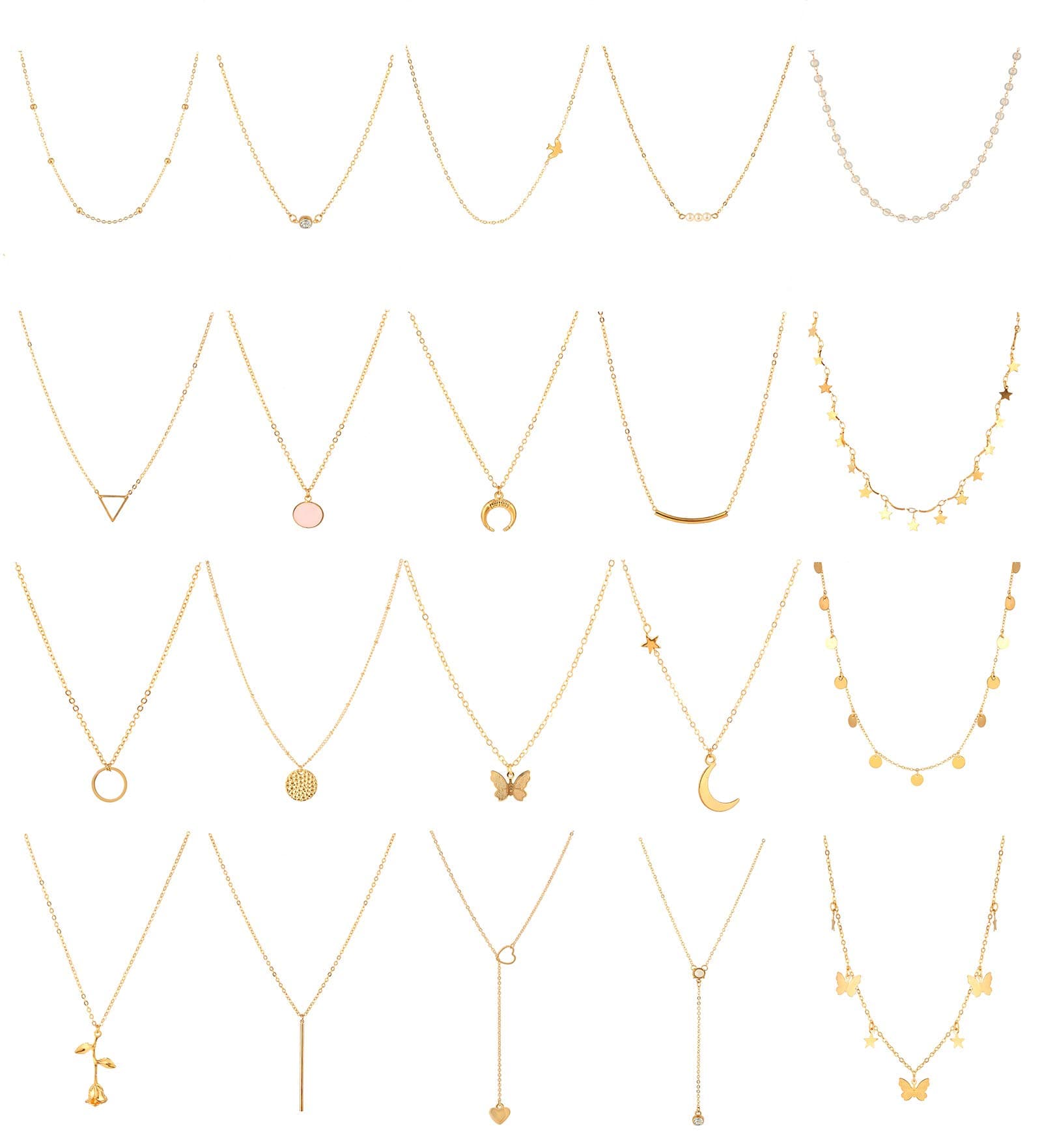 20PCS 14K Gold Plated Choker Necklaces for Women, Dainty Gold Diamond Coin Pearl Pendant Simple Chain Necklace Set Cute Gold Layered Necklaces for Women Teen Jewelry Gifts