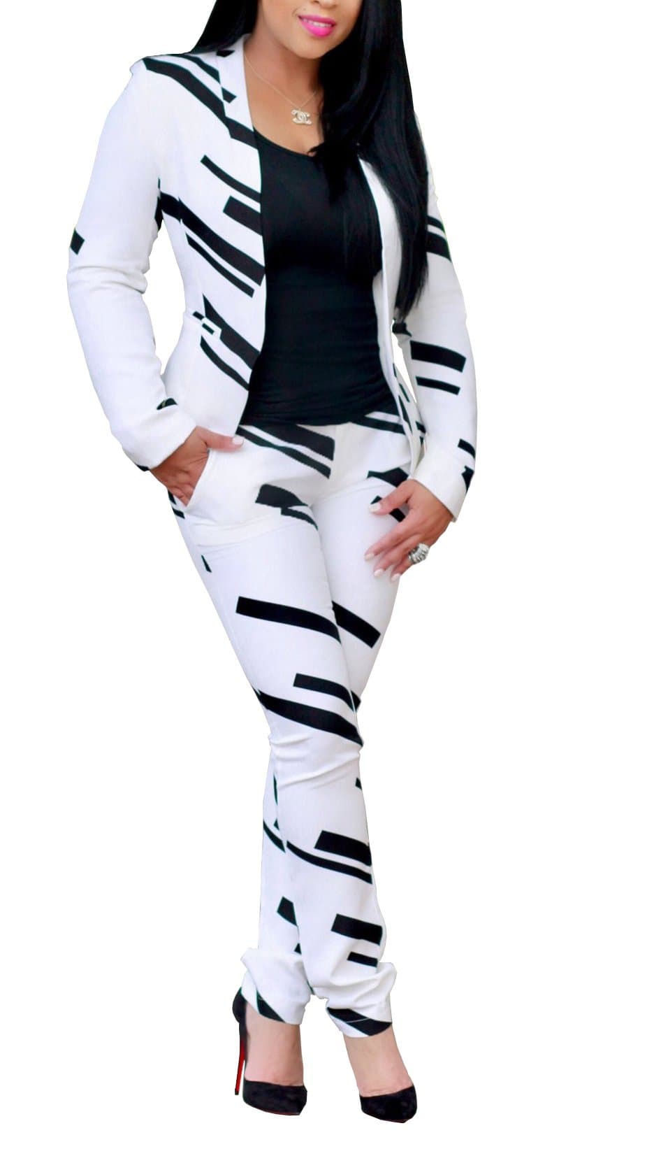 EvesymilWomen Lapel Collar Long Sleeve Stripe Top Jacket Pants 2 Piece Suit Set Outfits (6/8, White)
