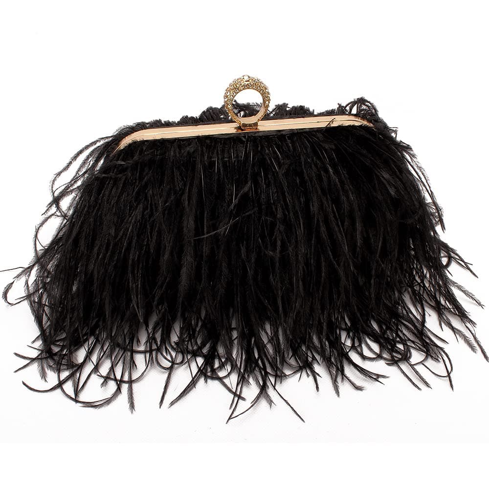 MenurraWomen Real Natural Ostrich Feather Evening Bags Purses Clutch Vintage Banquet Handbag, Black