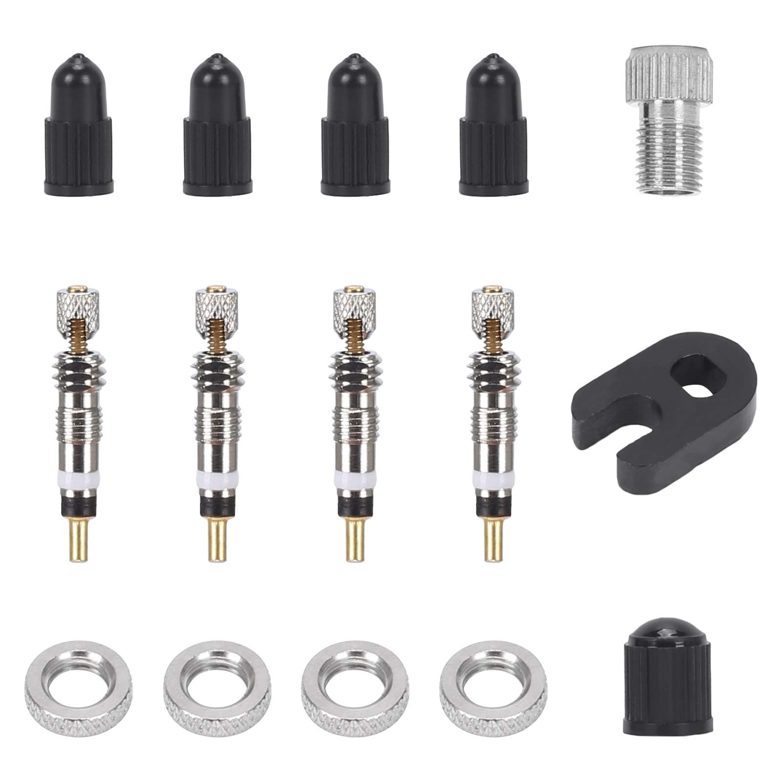 HUSZZM 15Pcs Presta Valve Core Replacement Set Brass Presta Valve Adapter French Valve Core Lock Valve Core Remover Caps Rim Nuts Kit and Plastic Caps Set for Tubeless Road and MTB Bike