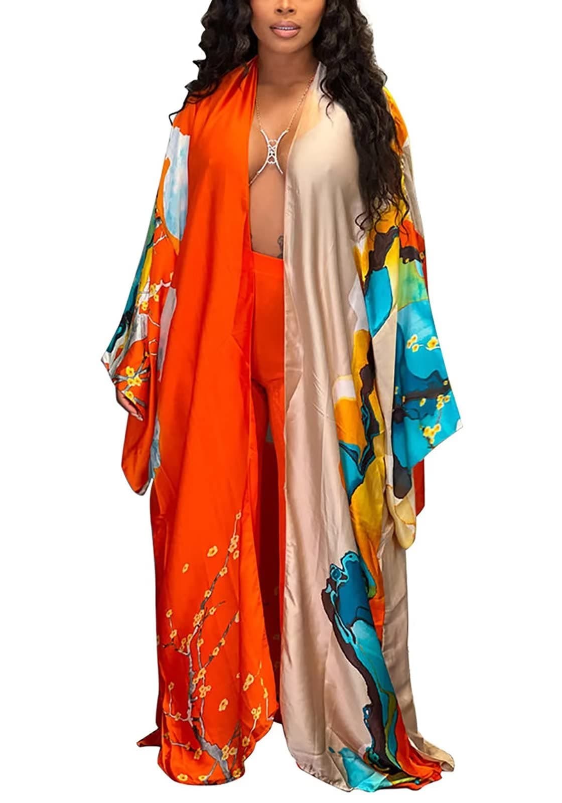 PtorlioFloral Kimonos for Women Casual Open Front Stain Long Kimono Robes Cardigan Cover Up Plus Size