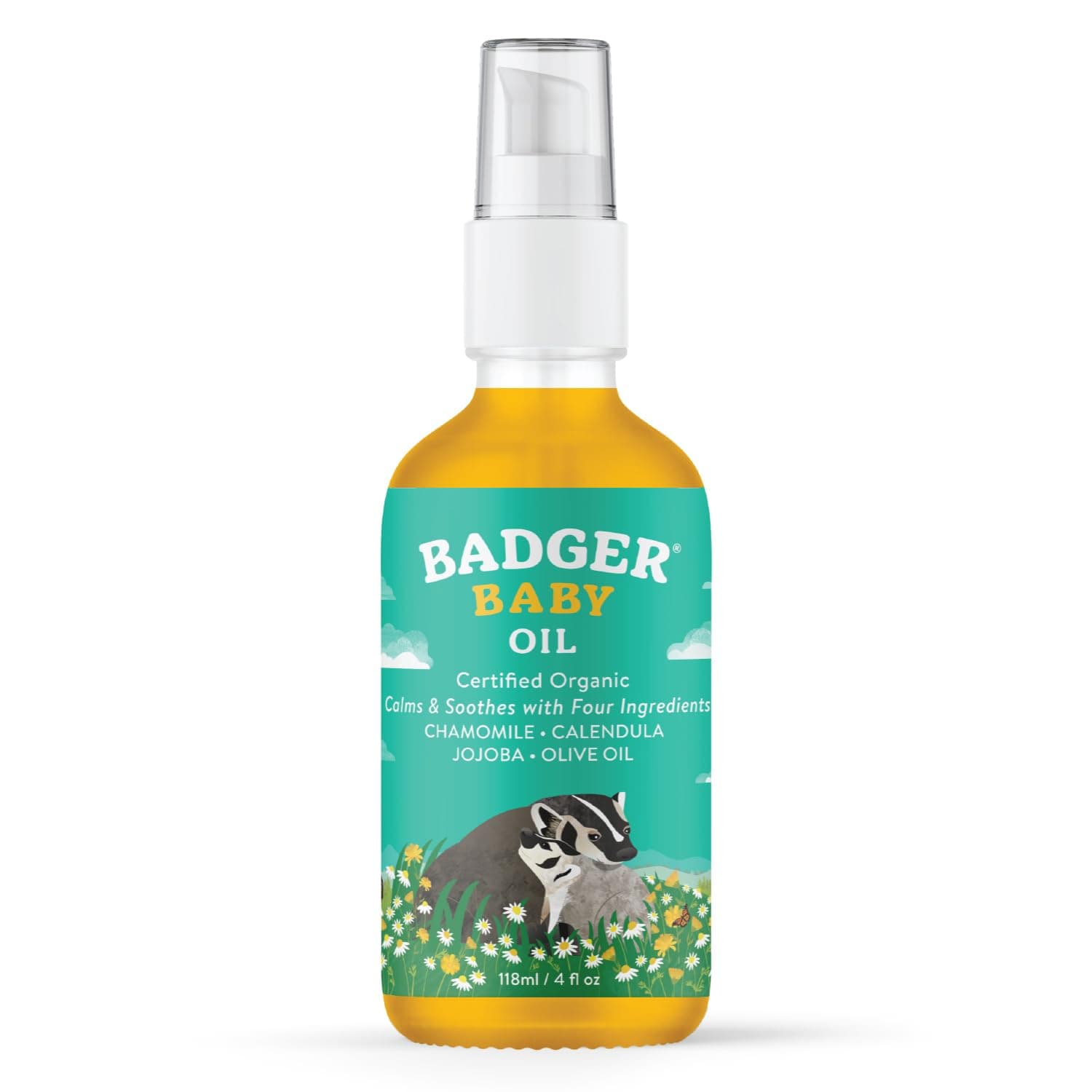 Badger Baby Oil, 100% Organic Ingredients to Soften & Moisturize Dry Skin or Cradle Cap, Soothing Vegan Organic Baby Oil, 4 fl oz Glass Bottle