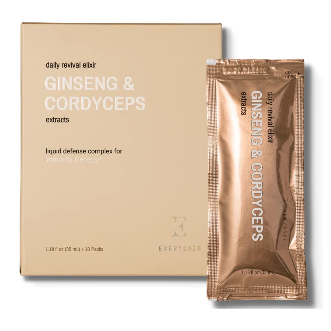 EVERYDAZE Daily Revival Elixir | Korean Panax Ginseng & Cordyceps Mushroom Liquid Extract | 10 Packs | for Healthy Immune System Support, Productivity, Endurance, Energy for Men Women | Organic, Vegan