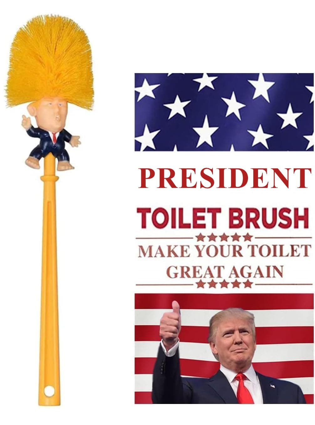 Trump Toilet Brush, Great Gag Gift, Fun Design, Premium Quality Toilet Bowl Brush with Solid Handle and Durable Bristles for Bathroom Cleaning