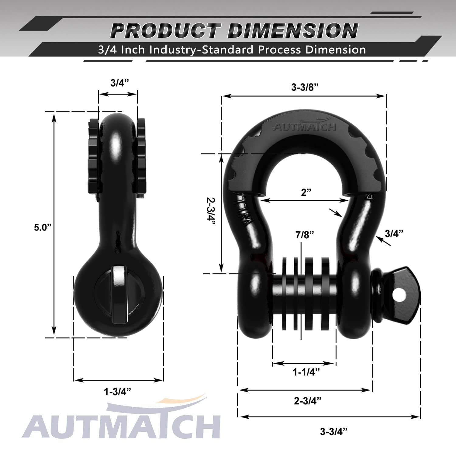AUTMATCH D Ring Shackle 3/4" Shackles (2 Pack) 41,887Ibs Break Strength with 7/8" Screw Pin and Shackle Isolator Washers Kit for Tow Strap Winch Off Road Vehicle Recovery Black
