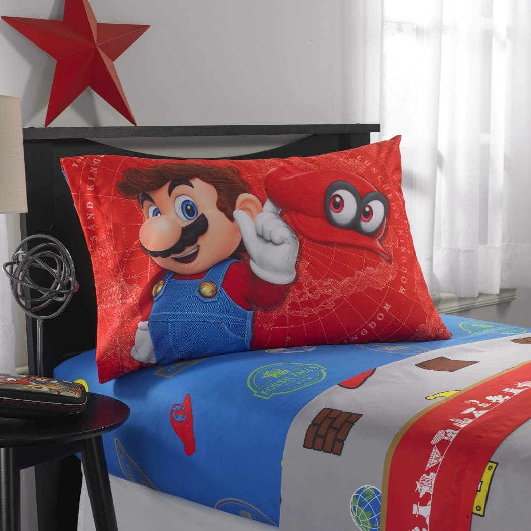 TN 4 Piece Kids Blue Red Super Mario Sheet Set Full Sized, Mario Bros Bedding Odyssey Video Game Themed Grey Brown Yellow White, Polyester