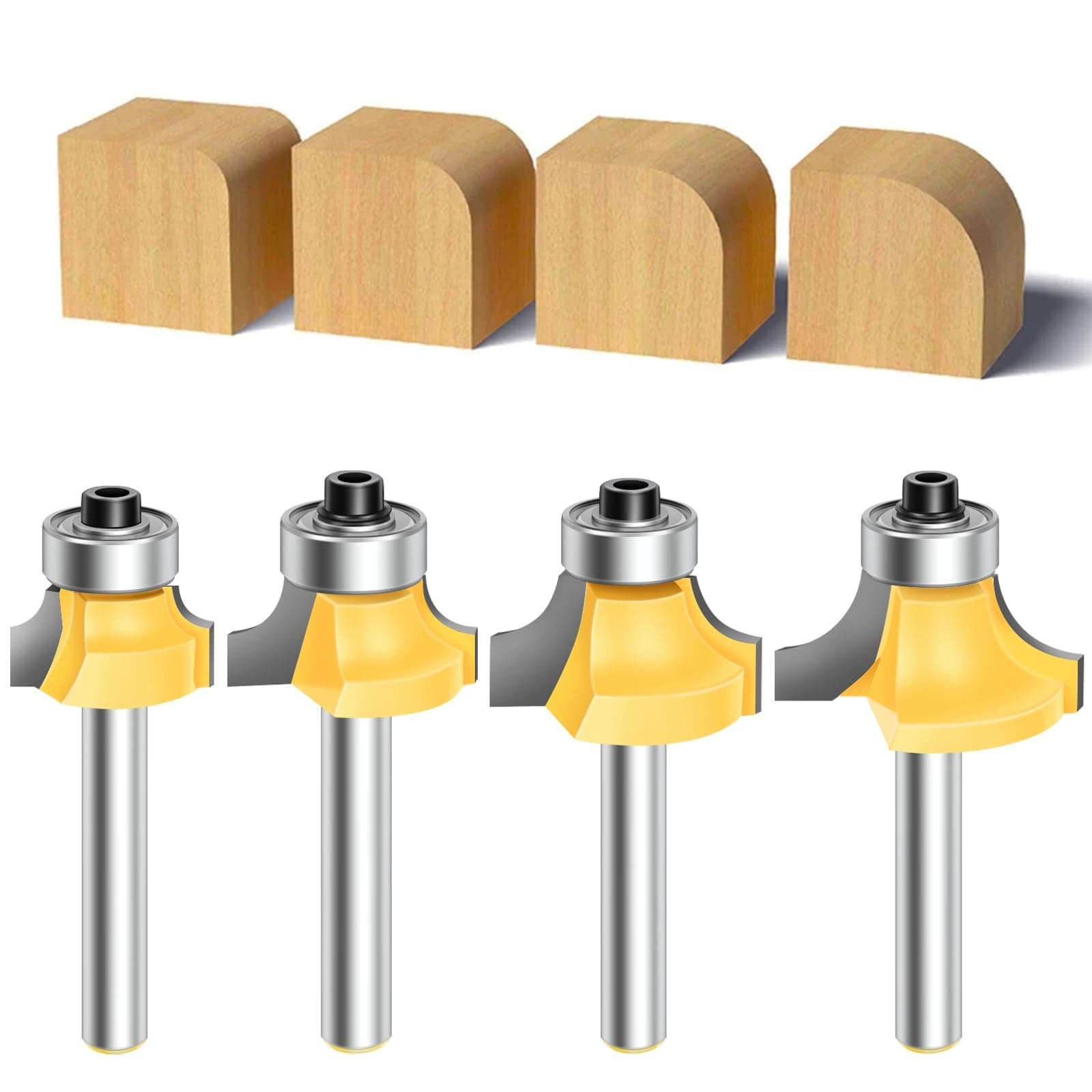 4PCS Router Bit Set Feanron Router Bits 1/4 inch Shank Set Cutting Diameter in 1/8", 1/4", 3/16", 5/16", Router Bit Edging Cutter for Wood Profiling Routing Molding