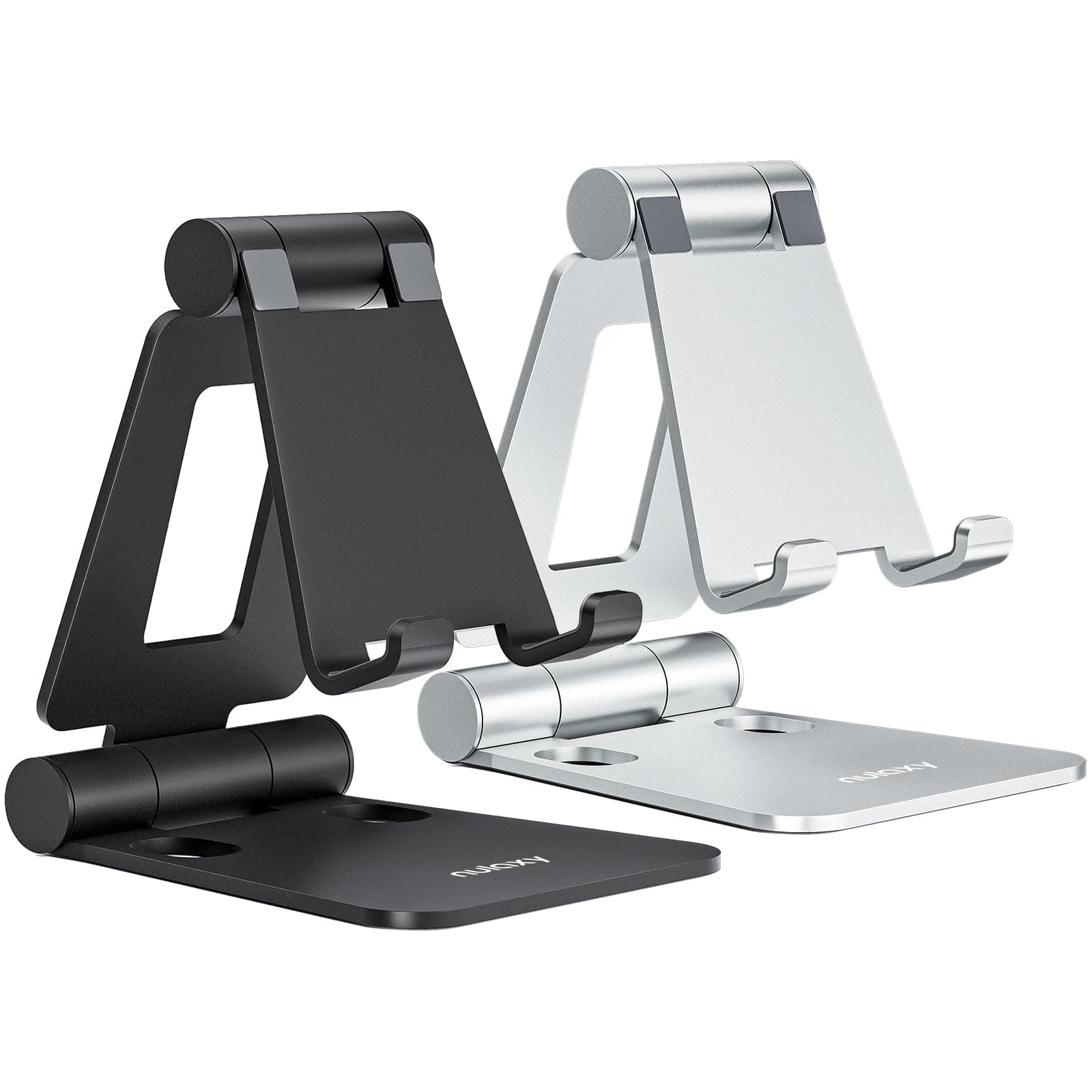 – 2 Pack Dual Folding Phone Stand, Fully Adjustable Desktop Mobile Holder Dock Aluminum, Compatible with iPhone 17 16 15 14 13 12 11 Xs Xr X 8, HUAWEI, Galaxy, All Smartphones, Black & Silver