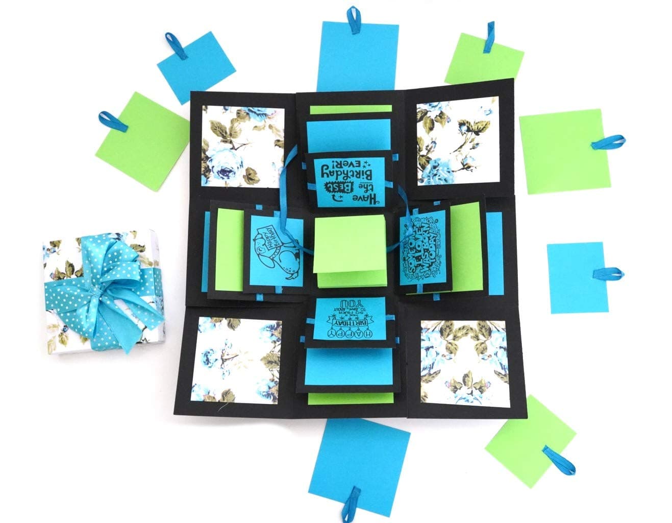 Crack of Dawn Crafts 3 Layered Happy Explosive Box Blue Floral (Birthday) (No Photos)
