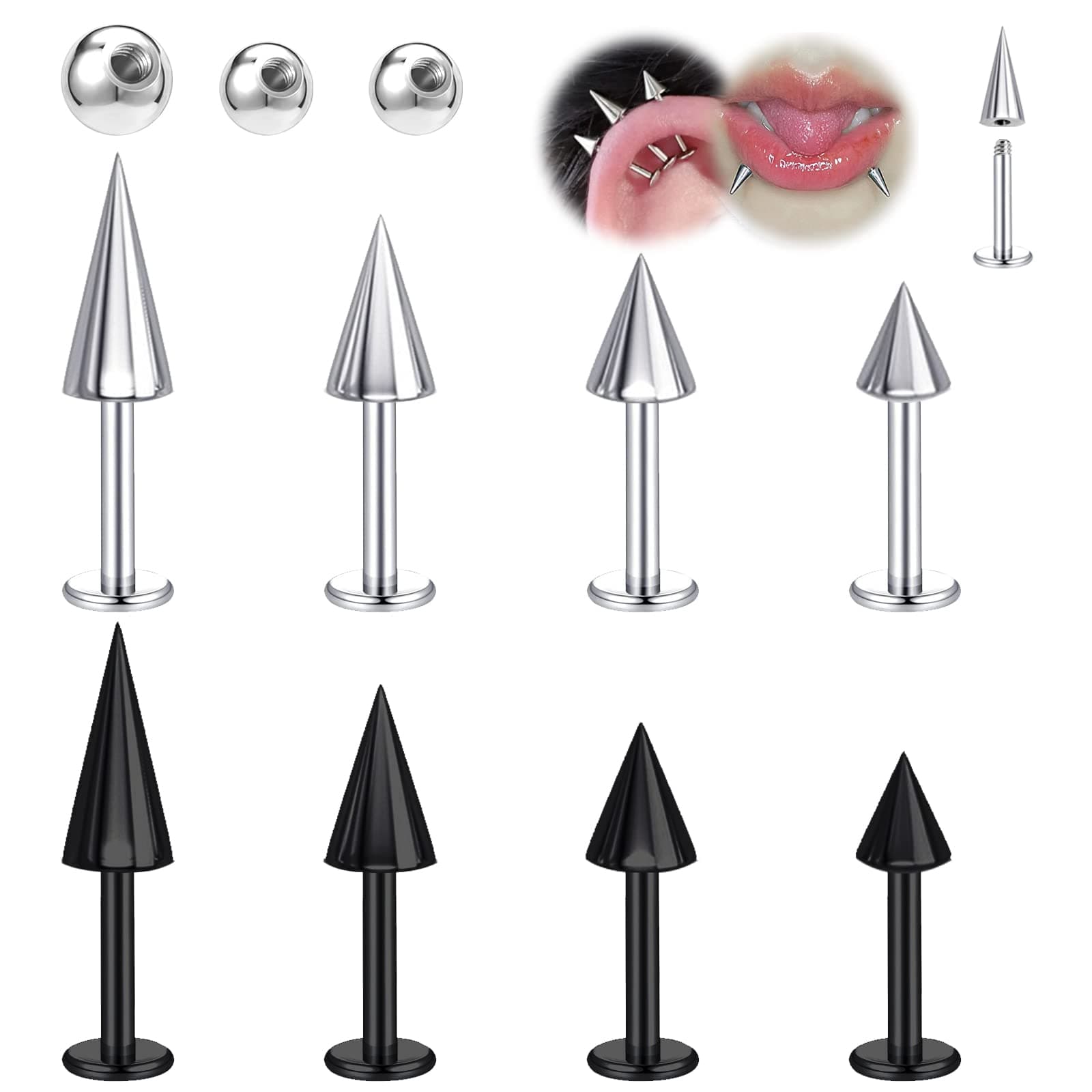 BodyAce 16G Spike Flact Back Earrings Vertical Labret Lip Bars, Rook Tragus Bar Earrings for Women Men, Stainless Steel Helix Studs Cartilage Lip Piercing Jewellery