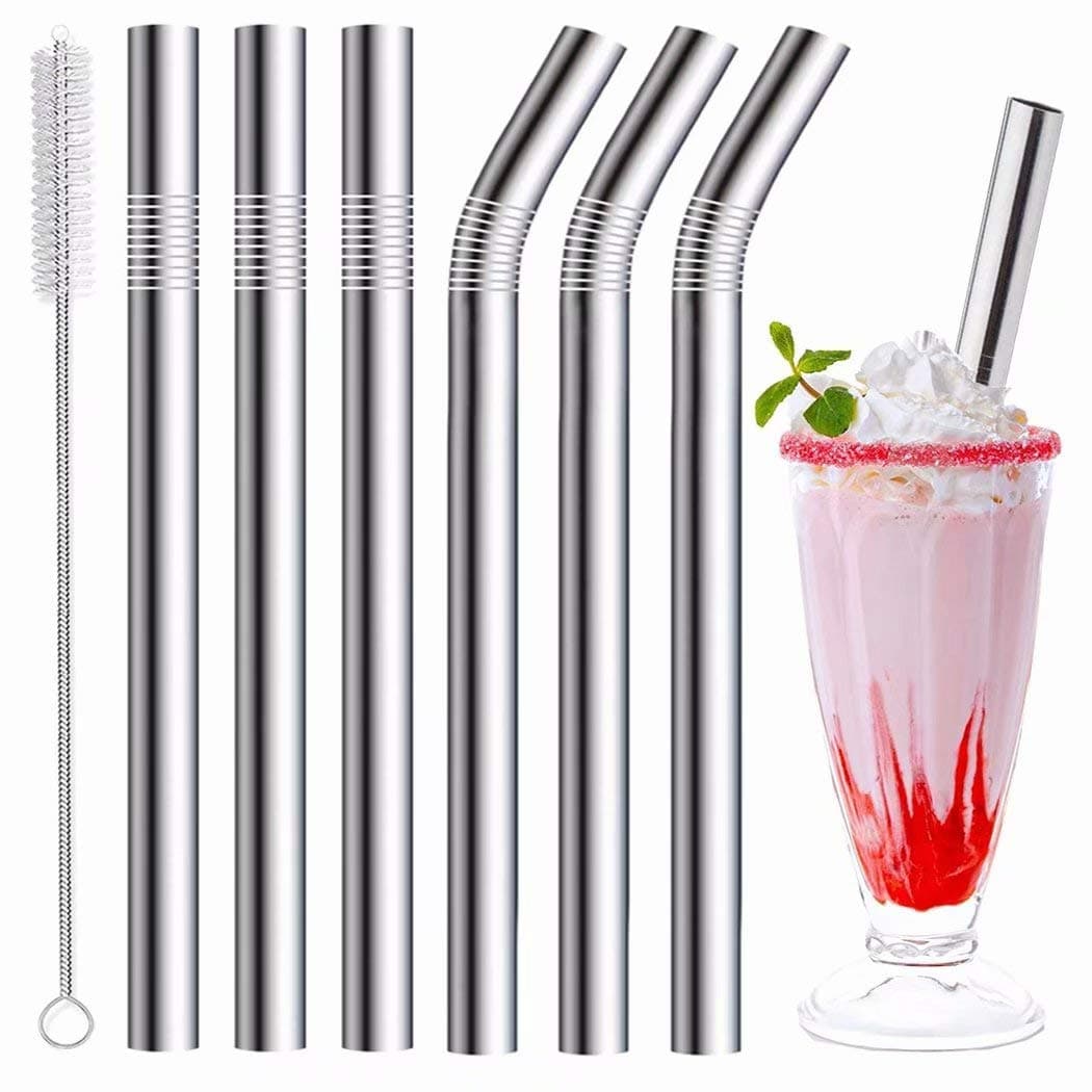 Stainless Steel Smoothie Straws, 0.4'' Extra Wide Reusable Metal Drinking Straws for Milkshake, Smoothie, Beverage, Set of 6 with 1 Cleaning Brush (3pcs 10.5'' Bent |3pcs 8.5'' Straight)