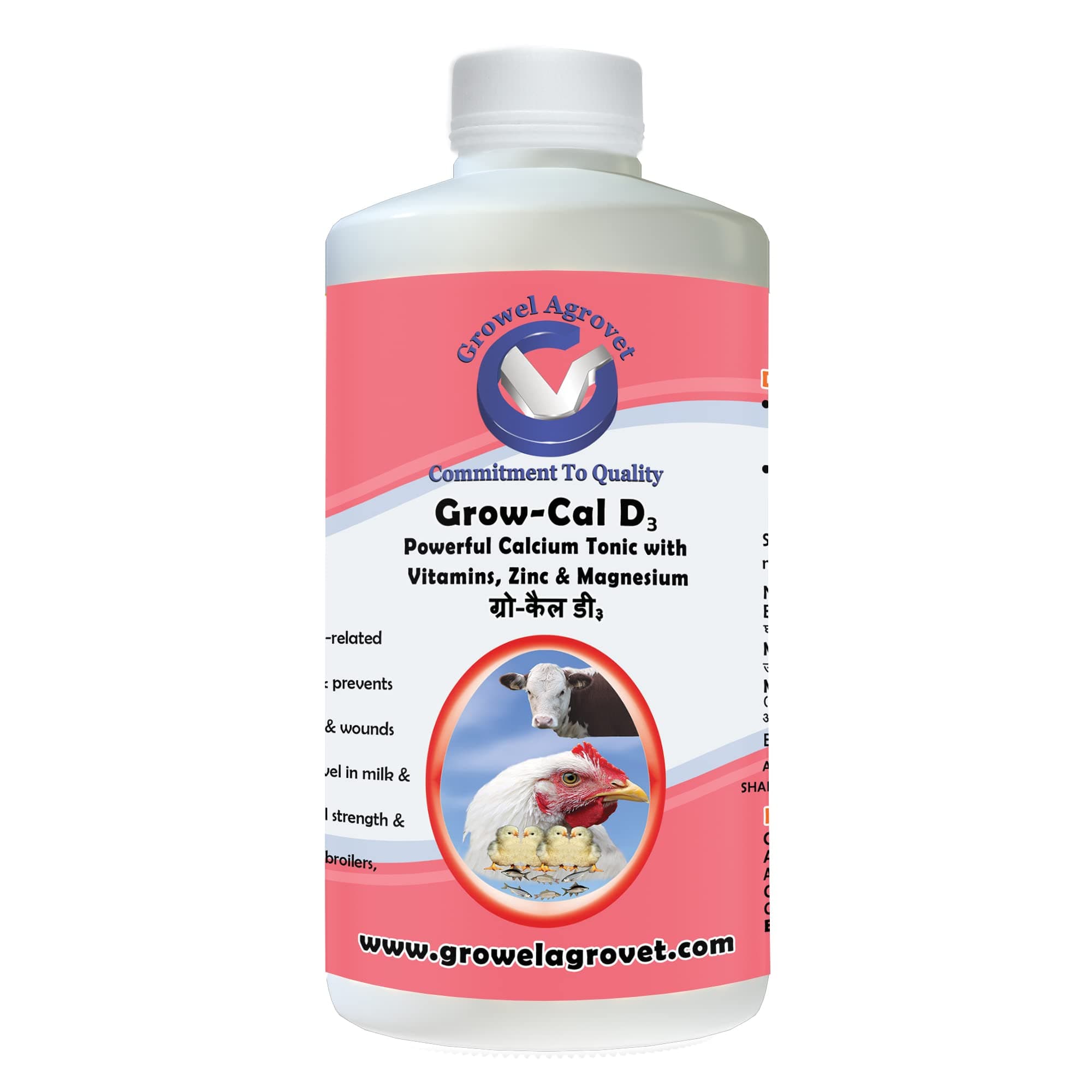Growel Agrovet Grow – Cal D3: A Powerful Calcium Tonic with Vitamins, Zinc, Magnesium and Carbohydrates for Poultry,Cattle,Horses,Pigs,Goats,Sheep, Pigeons and Birds - 500 ml.