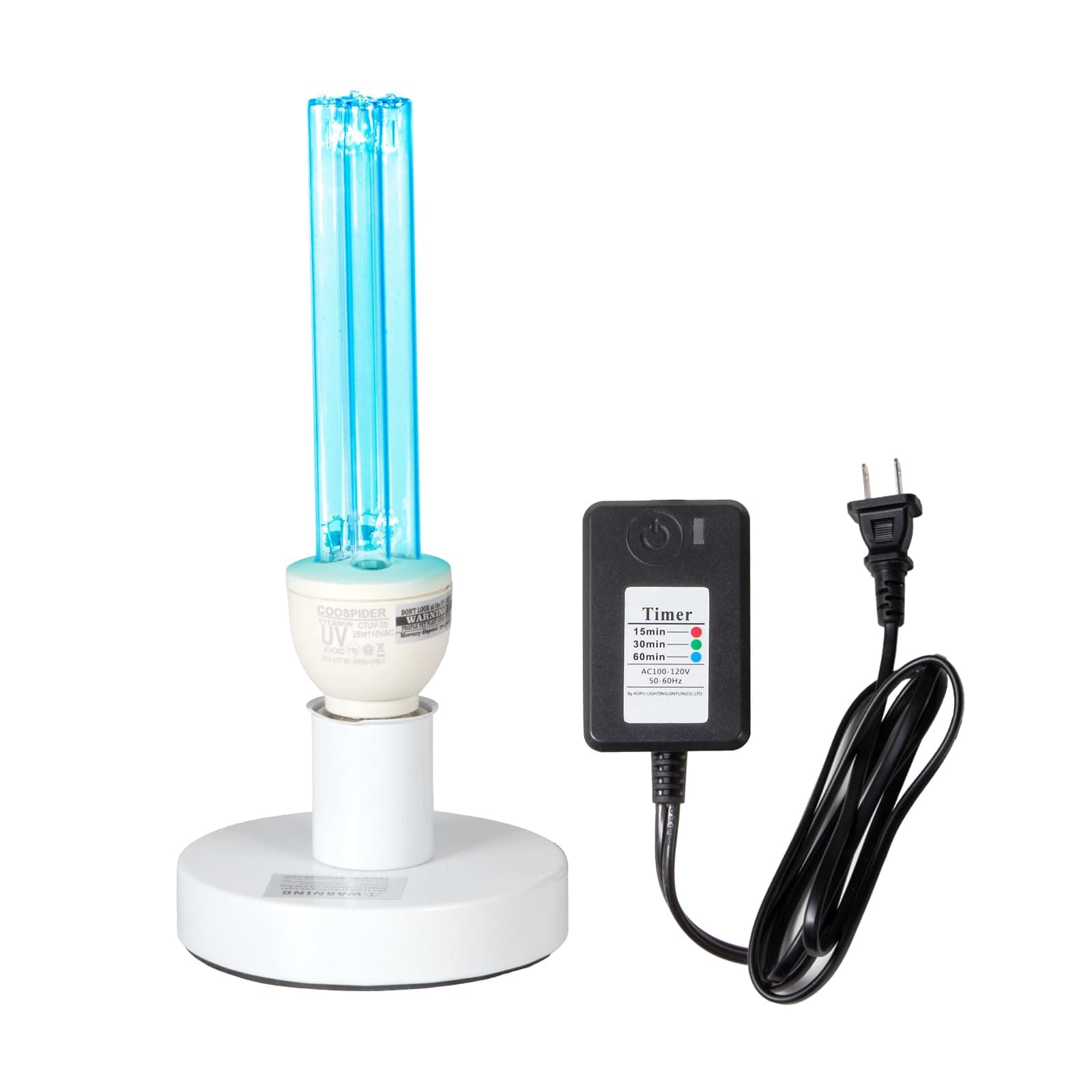 25 Watts UVC Sanitizer Lamp Ozone Free UVC Light Bulb with Base and 3-Gear Timer 253.7nm Wavelength UV Light for Bedroom/Closet/Kitchen/Bathroom E26 Base 110V CTUV-25