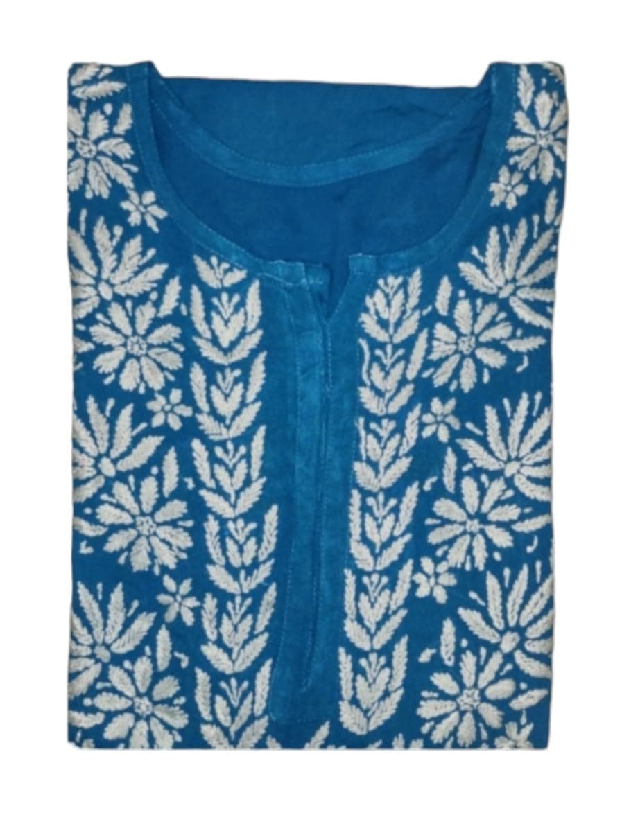Eddika Elegant Modal Straight Kurta with Exquisite Hand-Embroidered Lucknowi Chikankari for Women Chest Size 44 inches Extra Large (XL) Blue