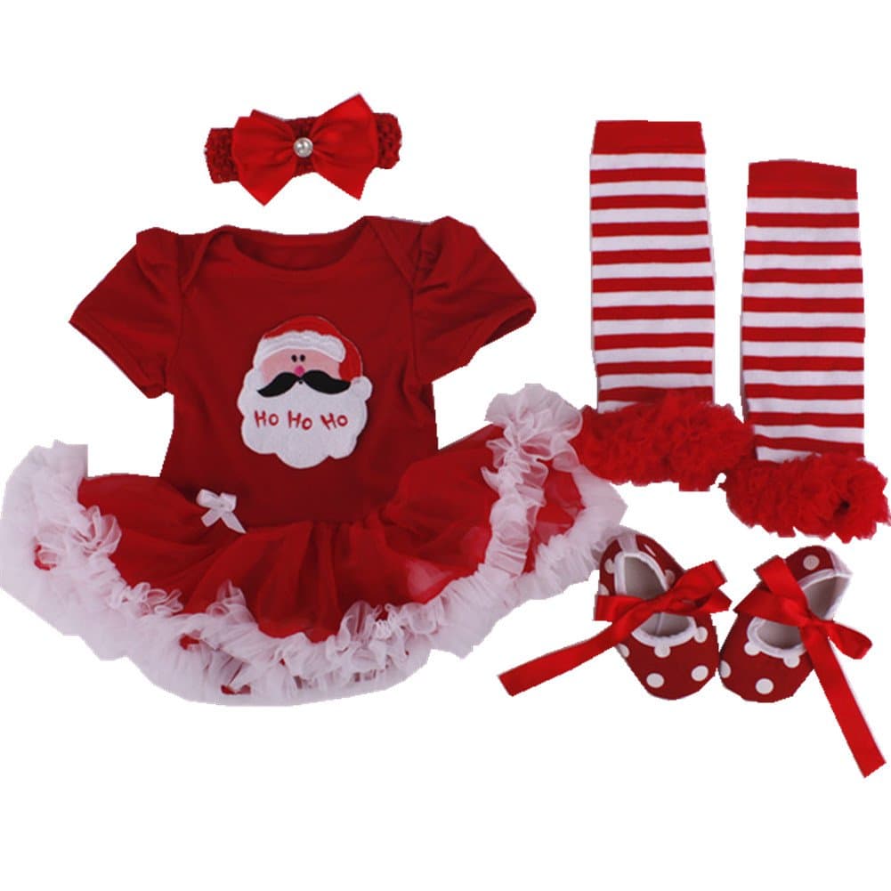 Anik Sunny Baby Girl Christmas Costume 4pcs Summer Newborn Infant Baby Girl's Headband +Romper +Leg Warmer +Shoes Outfit (0-3 Months) Red