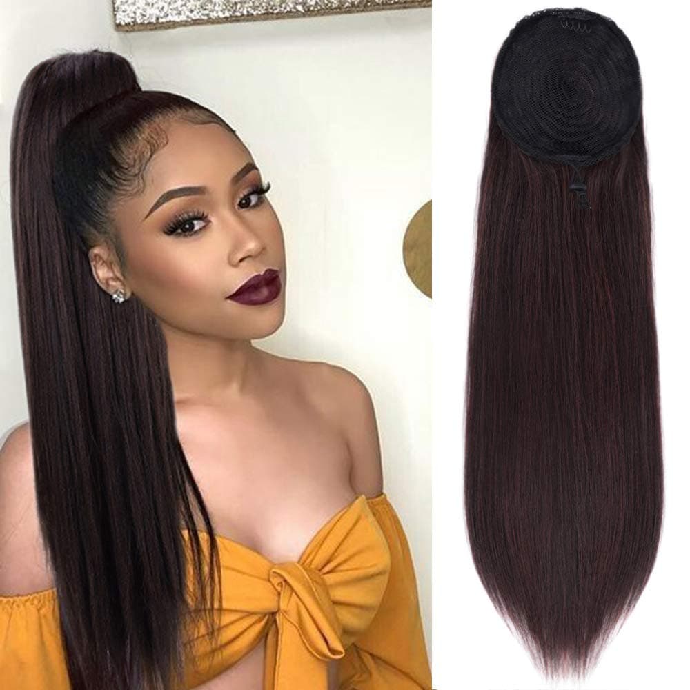 Stamped Glorious Drawstring Ponytail Straight Hair Ponytail Extensions Black Mixed Brown Long Hair Pieces for Women Clip in on Ponytail Hair Extensions(2/33#)