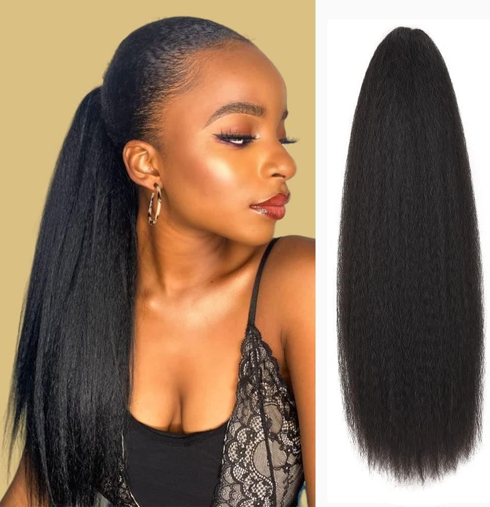 Straight Drawstring Ponytail for Black Women Long Straight Ponytail Extension for Black Women Natural Black Synthetic Thick Clip In Ponytail Hair Pieces (Black)