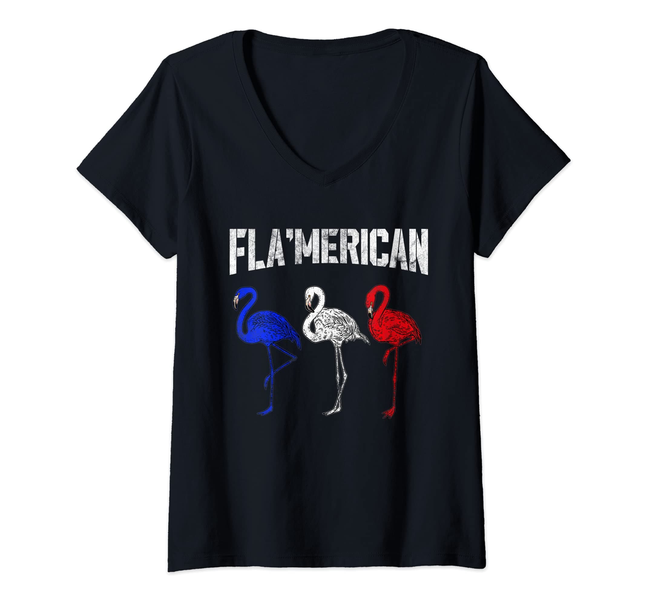 Womens Patriotic Flamingo Red White Blue Shirt For 4th of July V-Neck T-Shirt