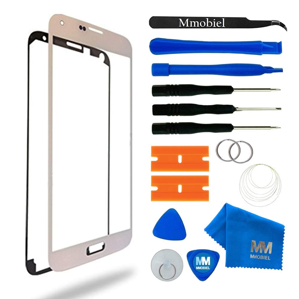 MMOBIEL Front Glass for Samsung Galaxy S5 / S5 Neo (White) Display Touchscreen replacement kit 12 pcs incl tools / pre cut Sticker / cloth / suction cup / wire