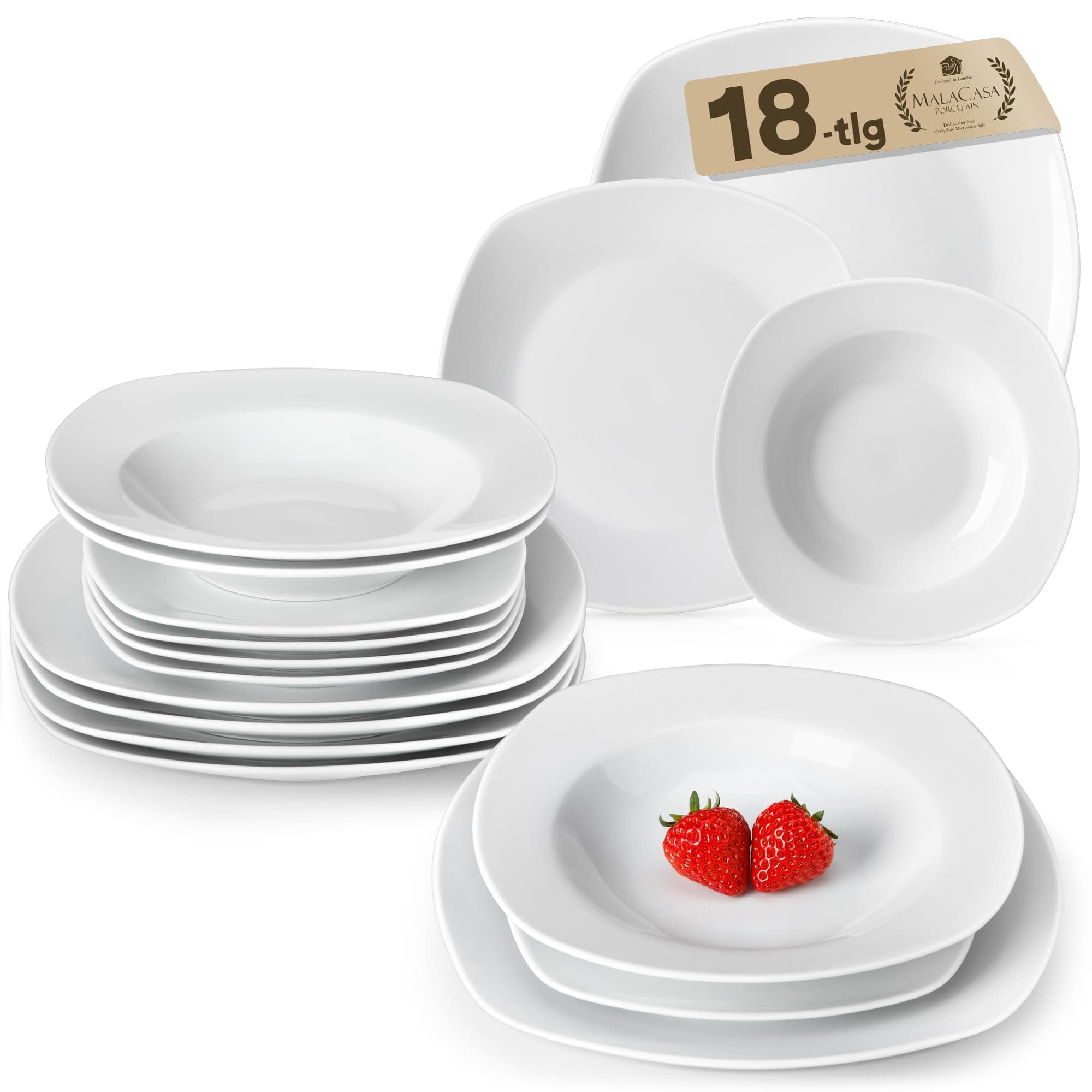 MALACASA, ELISA Series, 18-Piece Grey White Porcelain Dinner Service Crockery Set, 6 Dinner Plates, Dessert Plates, Soup Plates for 6 People