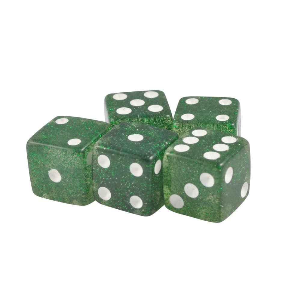 Azty Solutions Set of 5 Glitter Dice Transparent Green Square Corner 16mm in Snow Organza Bag