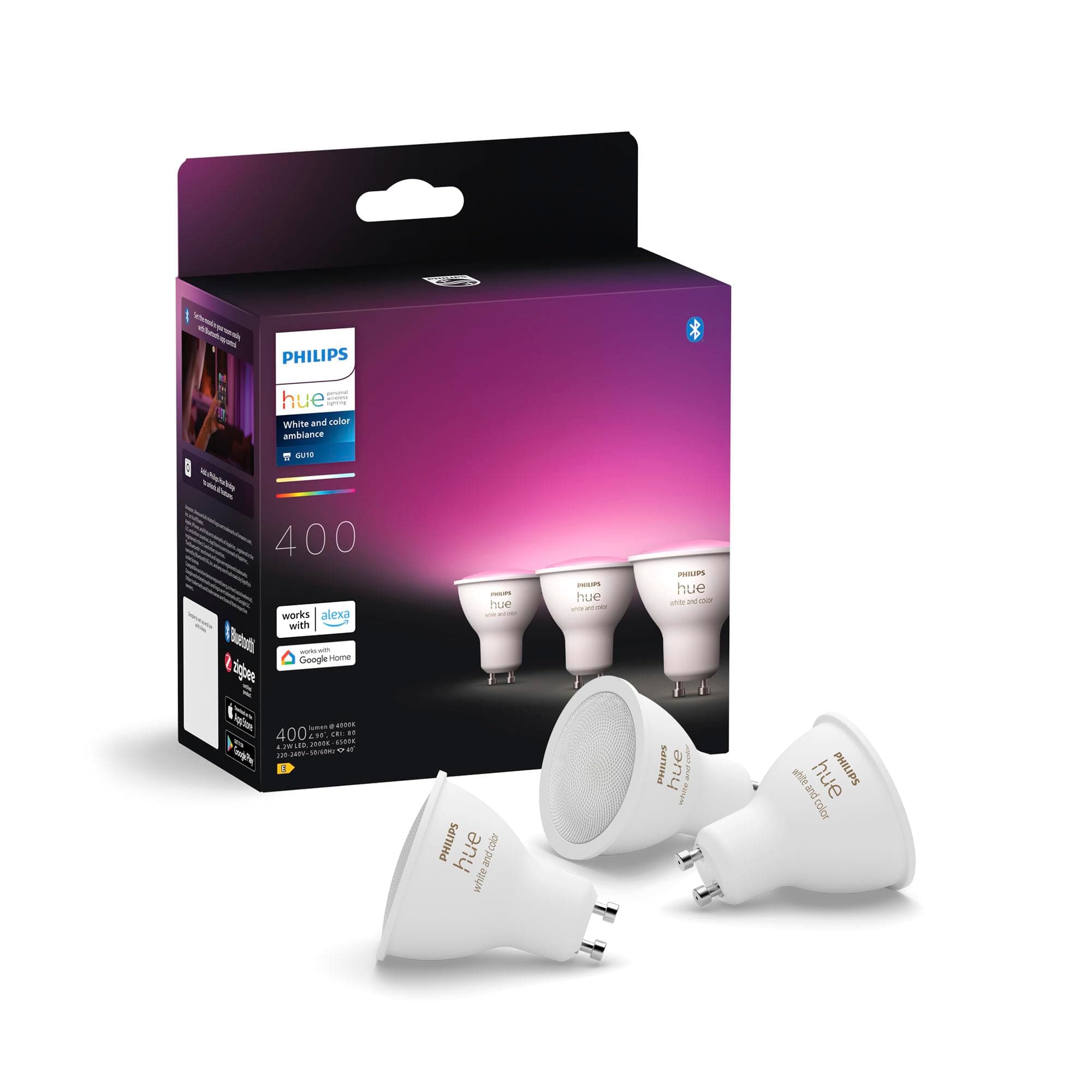 Philips Hue GU10 Smart Lamp, White and Colour Light, 3 Pack, Bluetooth Compatible, Voice Control with Alexa, Apple Home and Google Assistant
