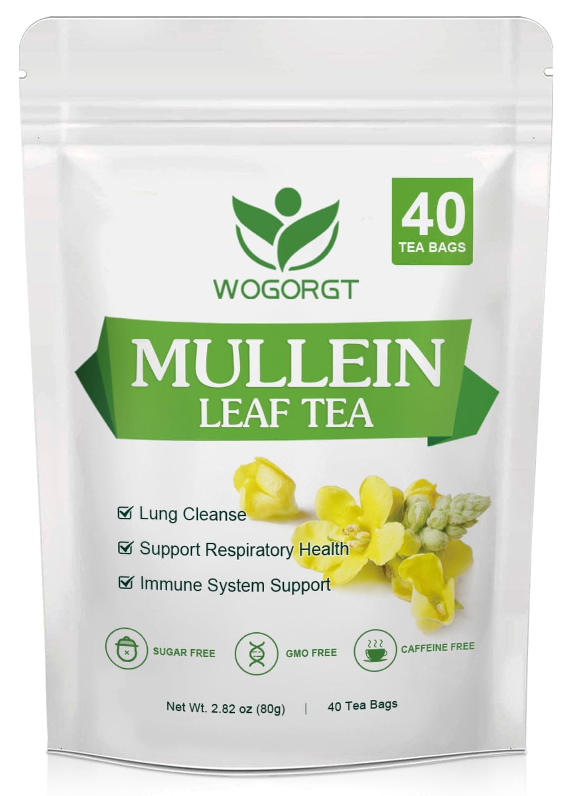 WOGORGT Mullein Tea Bags - Natural Mullein Leaf Tea for Lungs Cleanse and Respiratory Support, Caffeine Free - 40 Tea Bags