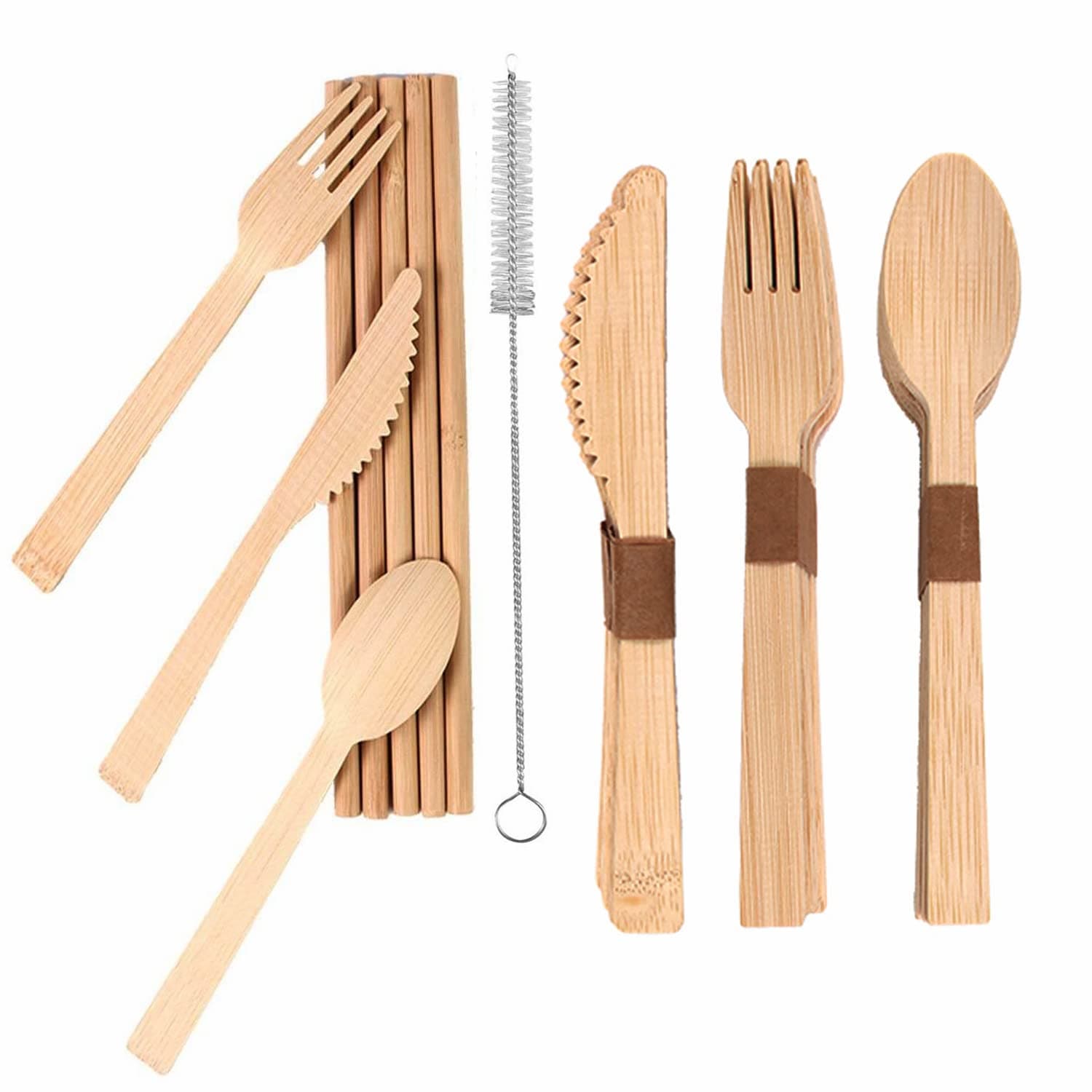 160PCS Biodegradable Bamboo Knife Fork Spoon Straw Disposable Bamboo Cutlery Set,50 Knives | 50 Forks | 30 Spoons |30 Straws | 1pcs Cleaning Brushes