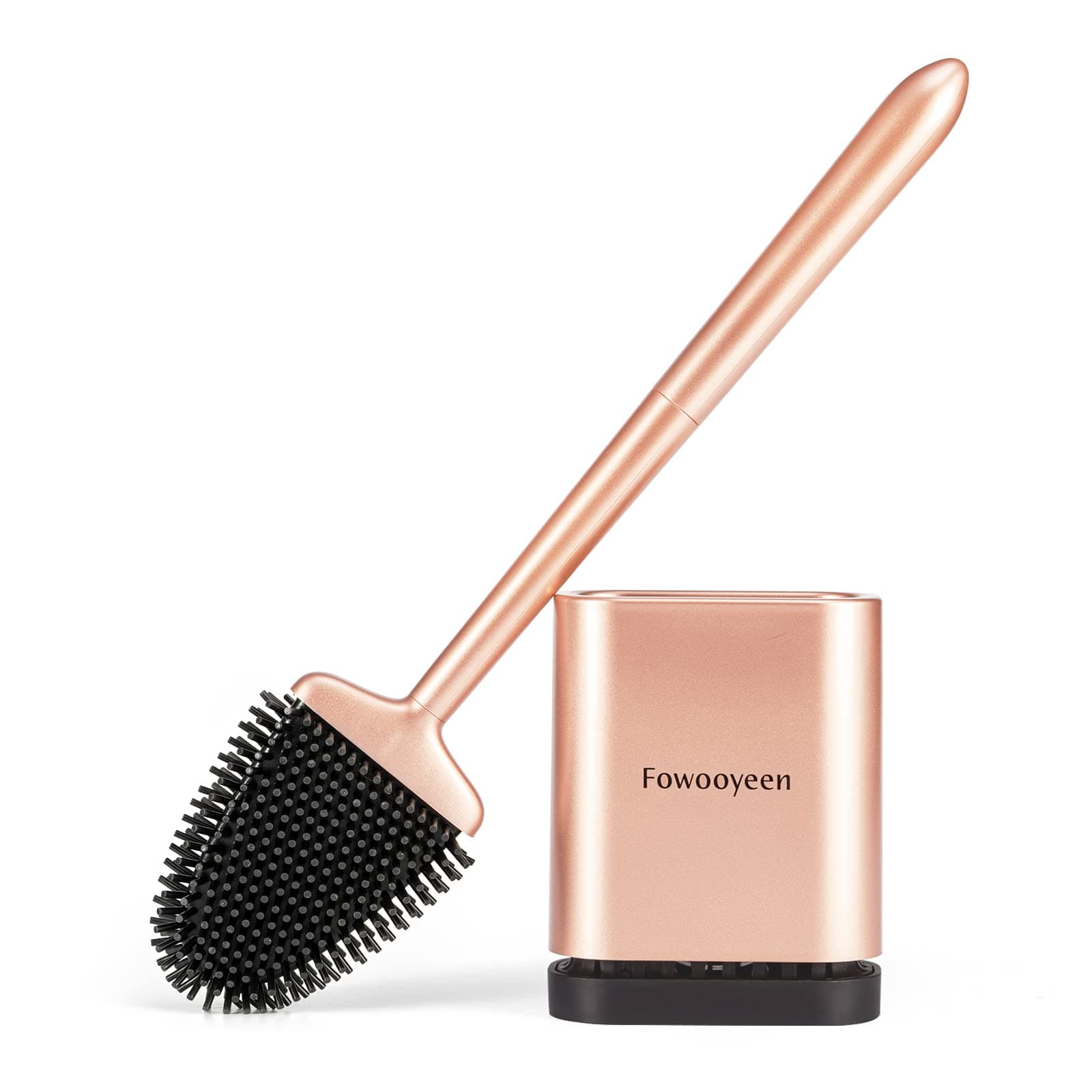 Fowooyeen Silicone Toilet Brush and Holder Set, Automatic Toilet Bowl Brushes with Ventilation Slots Base for Bathroom, Compact Size Cleaning Supplies Toilet Cleaner Brush Black (Gold, 1 Pack)
