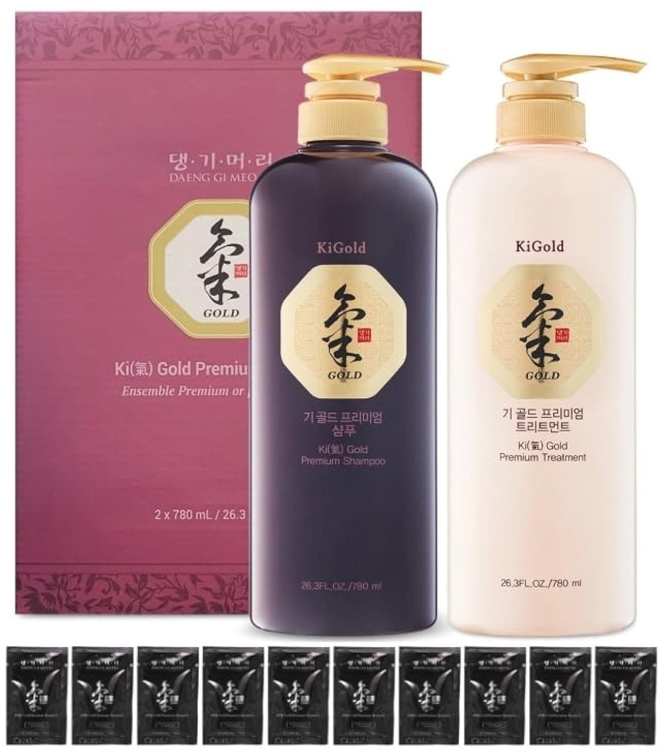 Ki Gold Premium Shampoo 780ml, Treatment 780ml and Traveling Pouch Sample 10ml(10pcs) Set, Samples may vary.