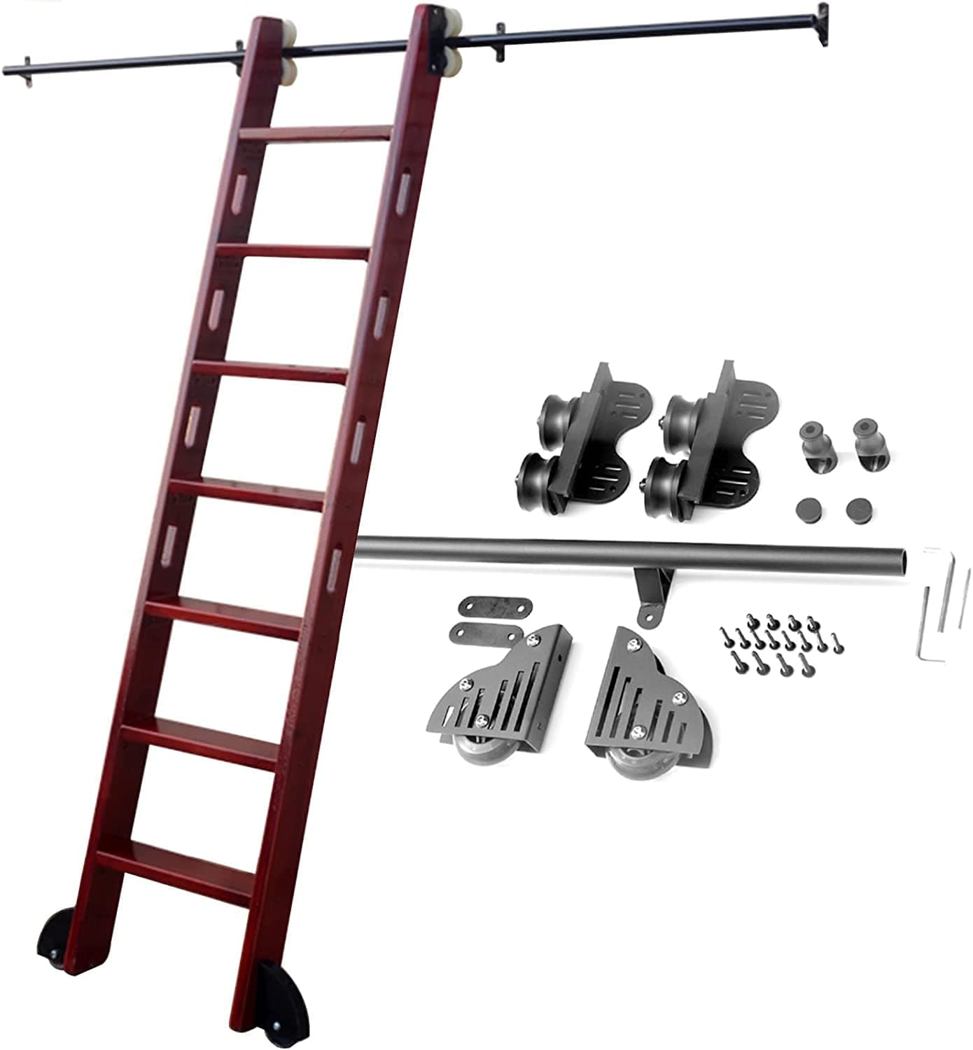 Rolling Ladder Hardware Kit Sliding Hardware Rolling Library Kit(No Ladder), 3.3ft-20ft Black Steel Round Tube Mobile Ladder Track Home Office Rolling Ladder Rail Full Set Retractable Kit + Floor Roll