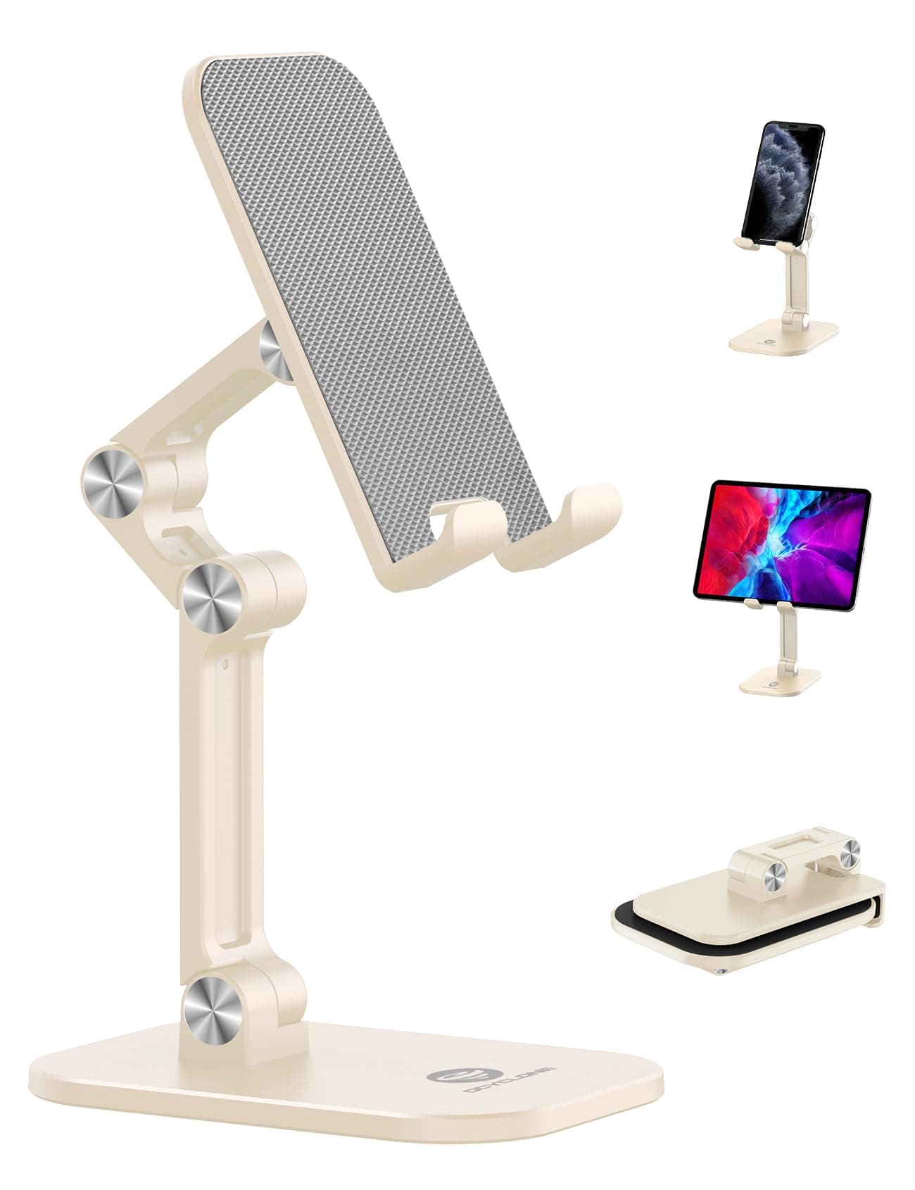 OCYCLONE Phone Stand, Adjustable Height and Angle Foldable Cell Phone Stand Holder for Desk, Taller iPhone Stand Compatible with 4.7"-13" Smartphones iPad Tablet, Beige