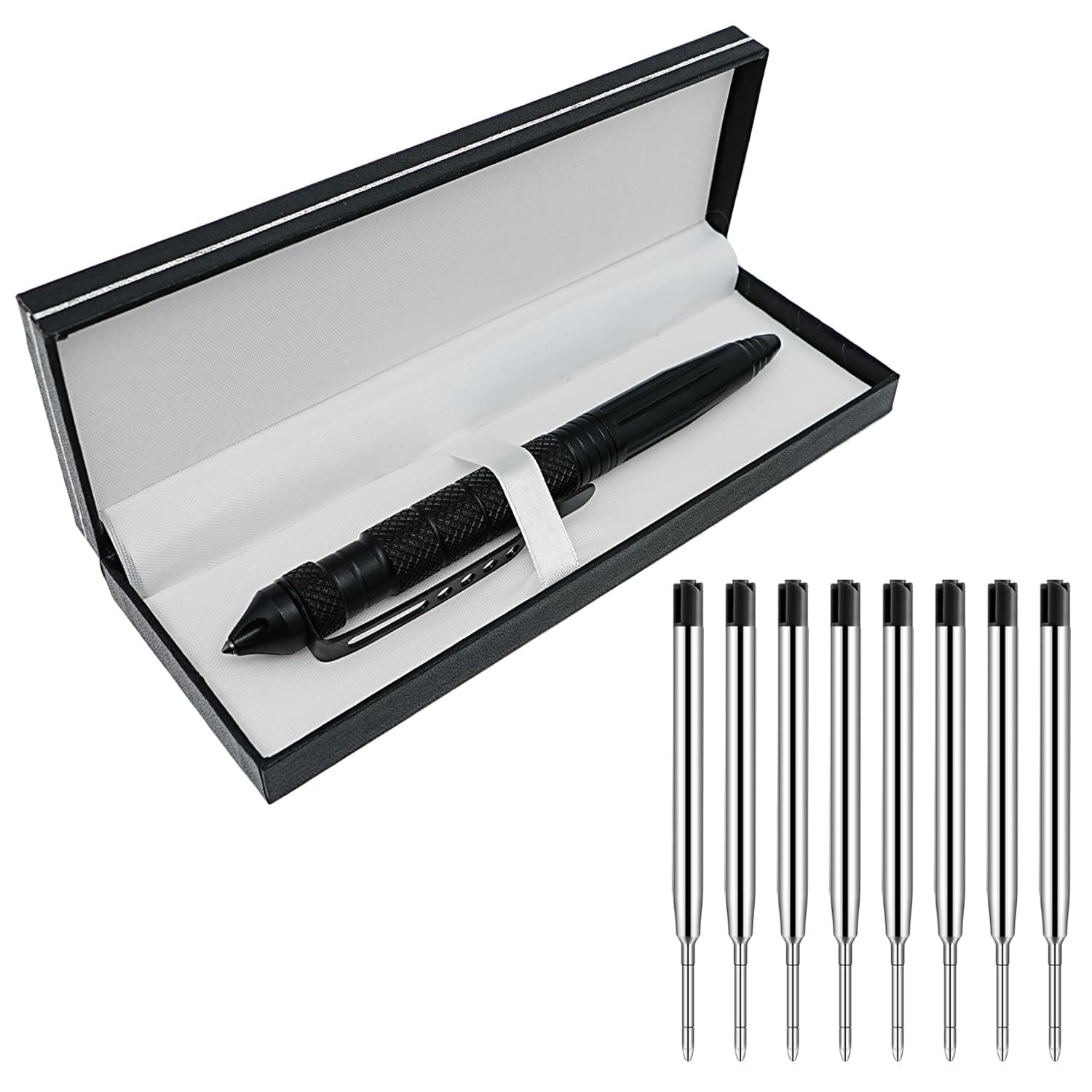 Gift Boxed Tactical Pen, Tungsten Steel Military Tactical Pen, Emergency Self Defense Glass Breaker EDC Tool with 8 Refills (Black)