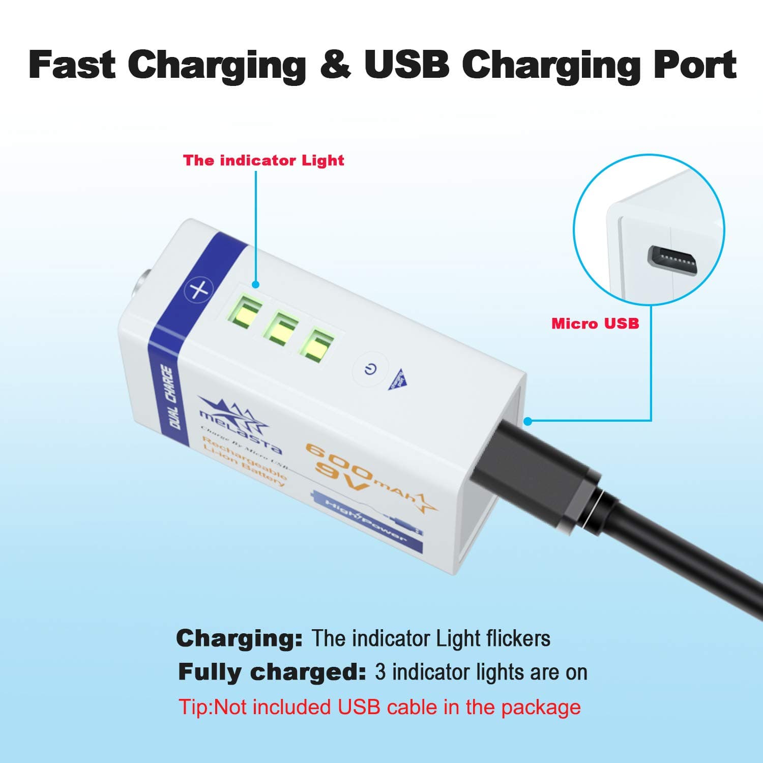 MELASTA 9V Lithium Battery - 4 Pack 9V Battery Rechargeable USB