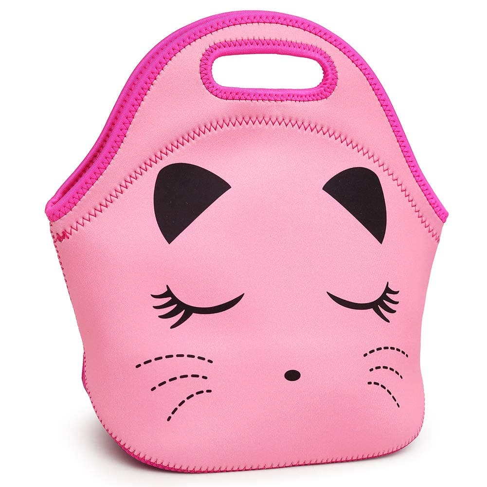 Moonmo Cat Face Unicorn Face Insulated Neoprene Lunch Bag for Women and Kids - Reusable Soft Lunch Tote for Work and School (Cat Pink)