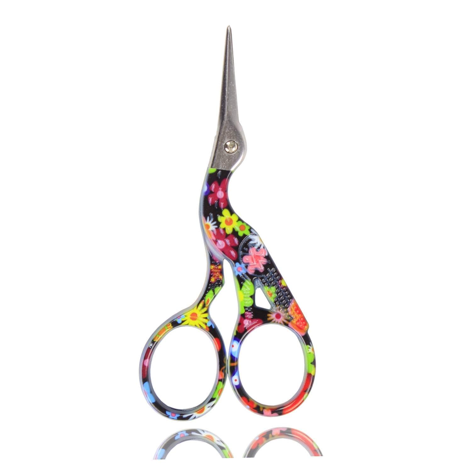 BIHRTC Stork, Bird Scissors, Embroidery, Sewing Scissors, Small Shears, For Crafts, Artwork, Thread Cutting Needlework, DIY Tool, Western Work, Everyday Use, 3.6 Inches, Black, Floral Print