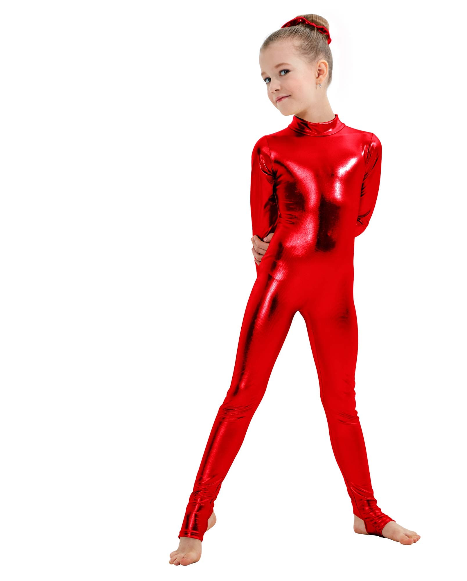 Kepblom Girls Shiny Metallic Mock Neck Unitard Long Sleeve Zipper Back One Piece Bodysuit Costume