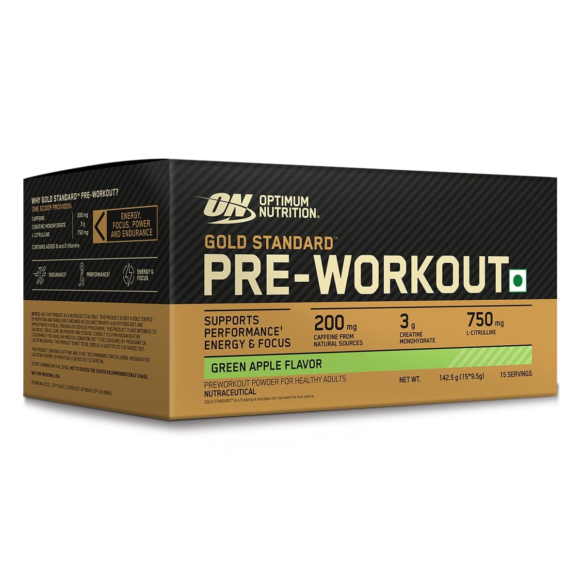 (ON) Gold Standard Pre-Workout- 142.5g/15 single serve packs (Green Apple Flavor), For Energy, Focus, Power, Endurance & Performance