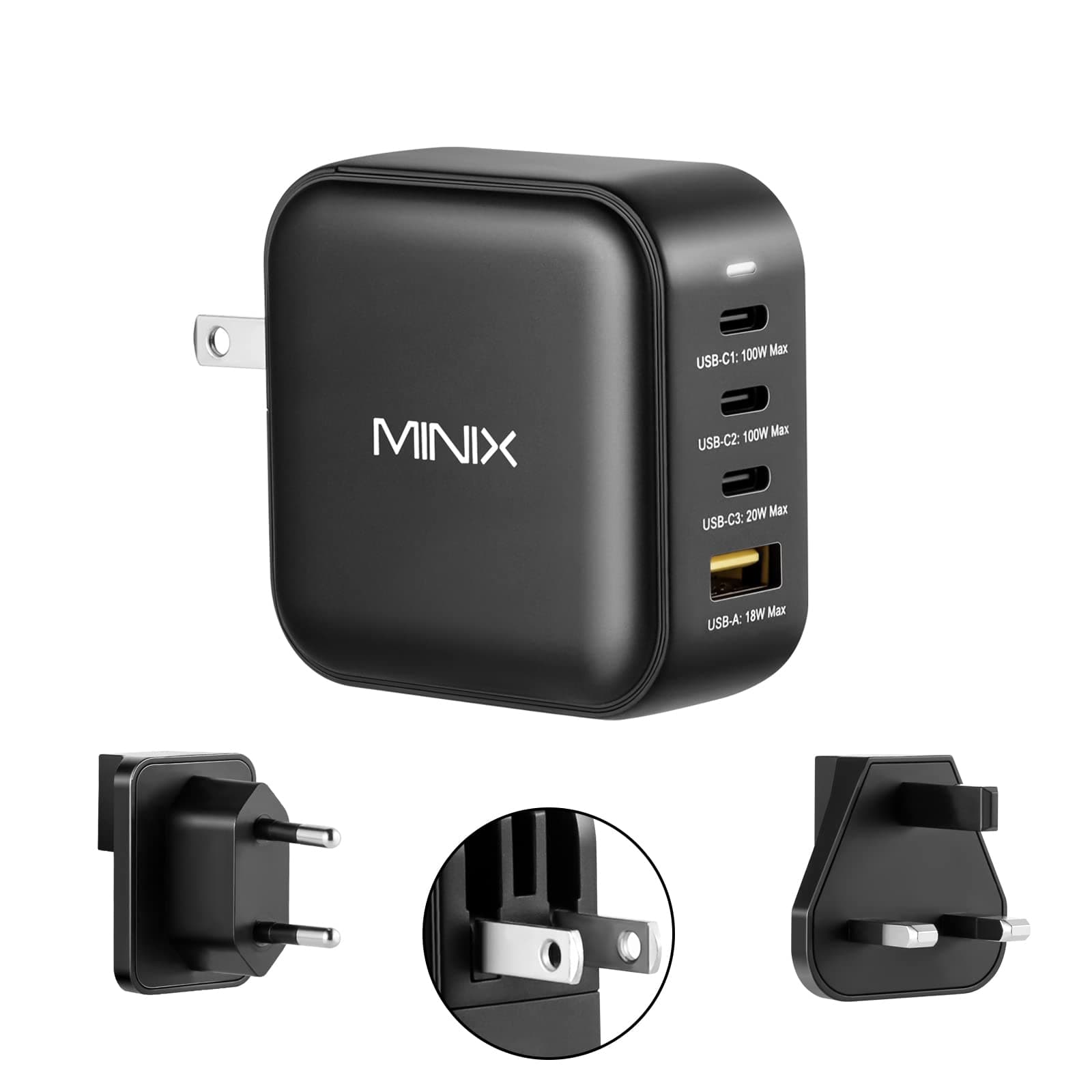 MINIX NEO P3 100W Turbo 4-Port GaN Wall Charger, 3 x USB C port Fast Charging Power Adapter(Max 100W/20W), 1 USB-A (Max 18W). Compatible with MacBook Pro Air, iPad Pro, iPhone 17/16 Pro Max,Galaxy S23