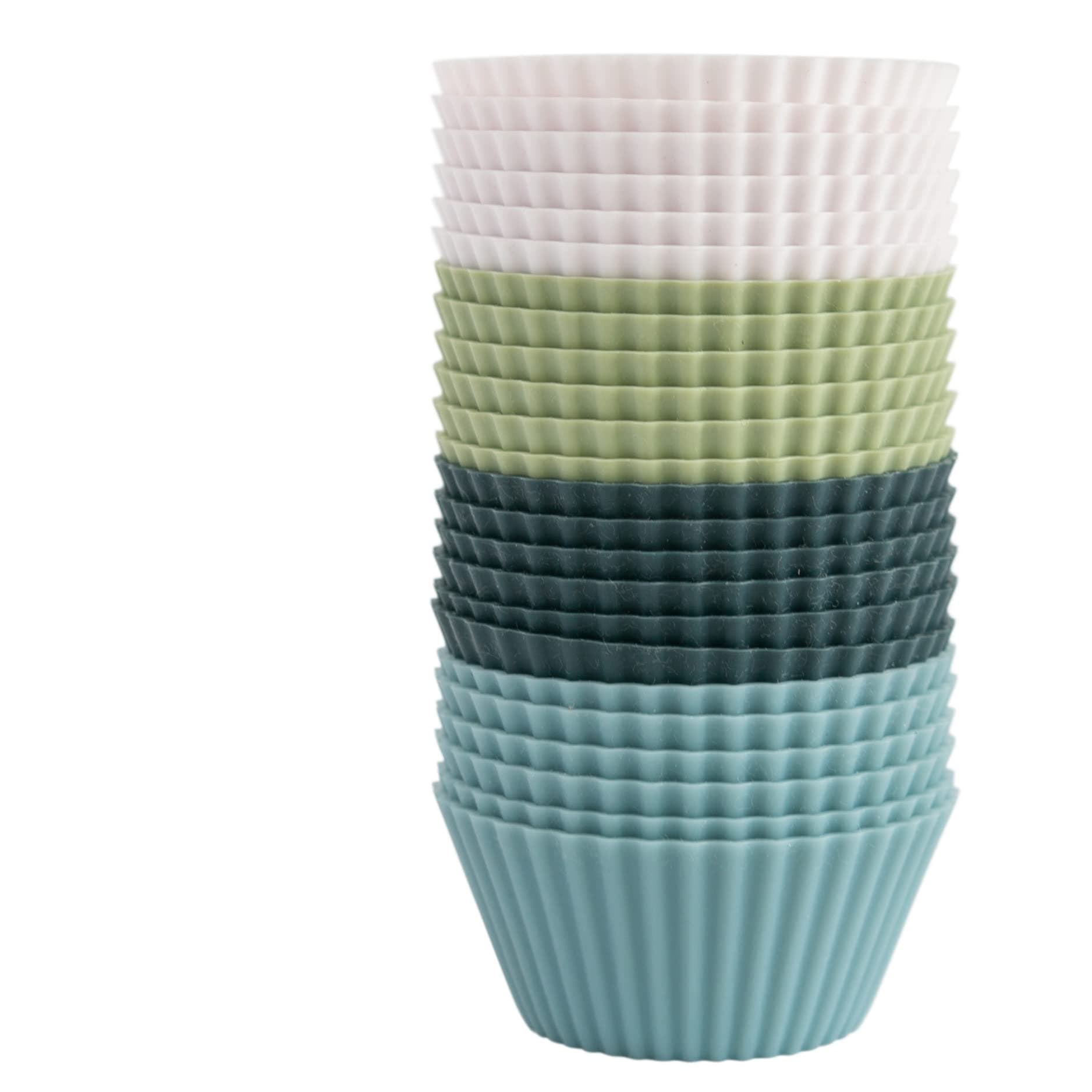 Silicone Kitchen Reusable Silicone Baking Cups Silicone Muffin Liners for Cupcakes, BPA Free, Regular, 24 Pack, White Blue Green