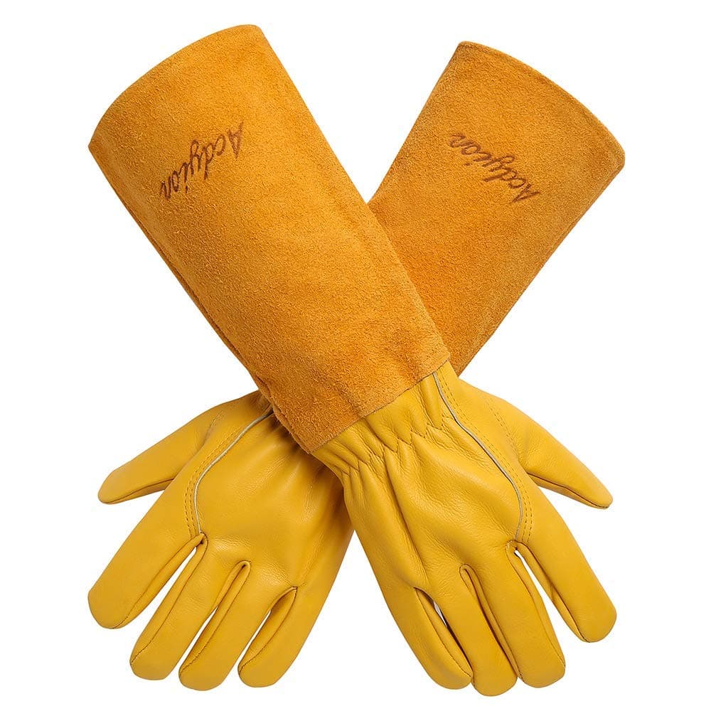 Acdyion Thorn Proof Gardening Gloves for Men & Women, Long Cowhide Leather Rose Pruning Gloves with Forearm Protection, Puncture Resistant Gauntlets for Cacti, Blackberries & Yard Work(yellow,Medium)
