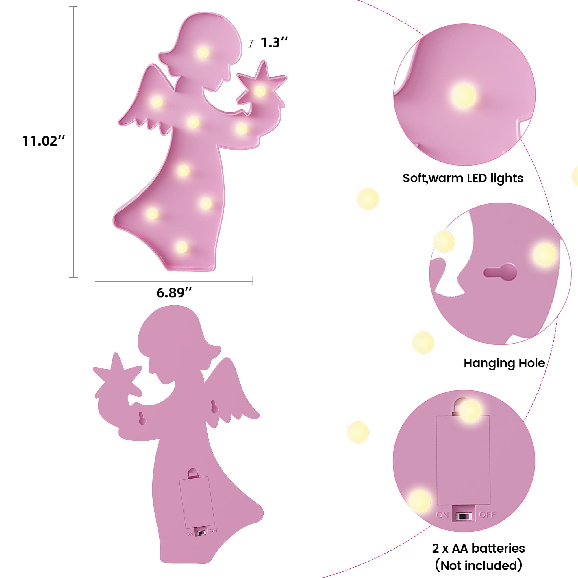 Angel Pink Party Decorations, Battery Powered Angel Night Light for Kids, Girl Birthday Party Decorations, Pink Room Decor for Girls, Pink Wall Decor for Girls Bedroom