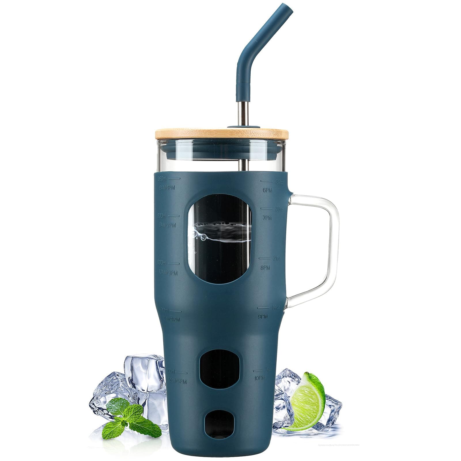 32 oz Glass Tumbler with Lid and Straw,Glass Water Bottles with Handle,Glass Cup with Time Marker and Silicone Sleeve, Fits in Cup Holder BPA Free-Blue