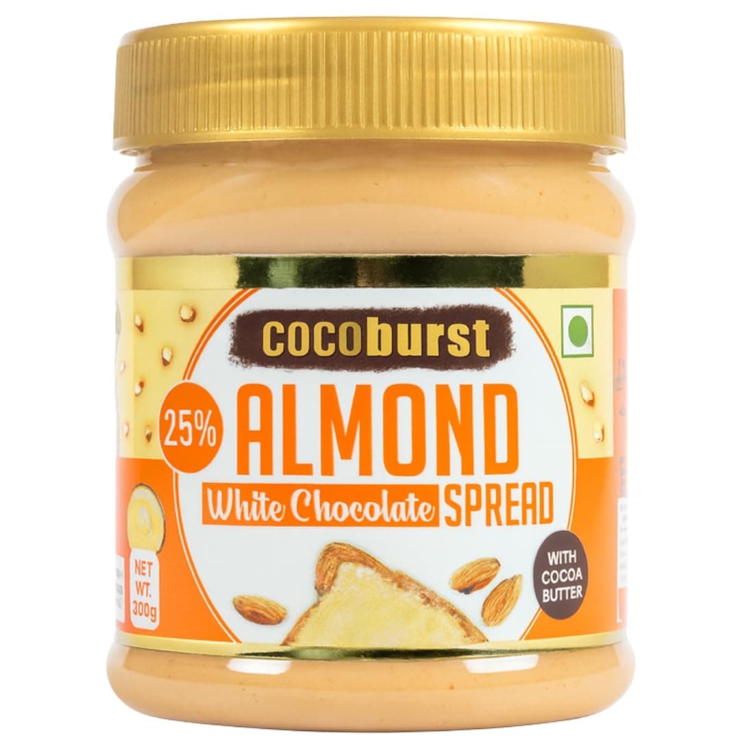 Jindal Cocoa Cocoburst White Chocolate Almond Spread - 300g | 25% Roasted Almonds | without Palm Oil | No Artificial Preservatives & Trans-Fat | Healthy Chocolate Spread I White Chocolate Spread