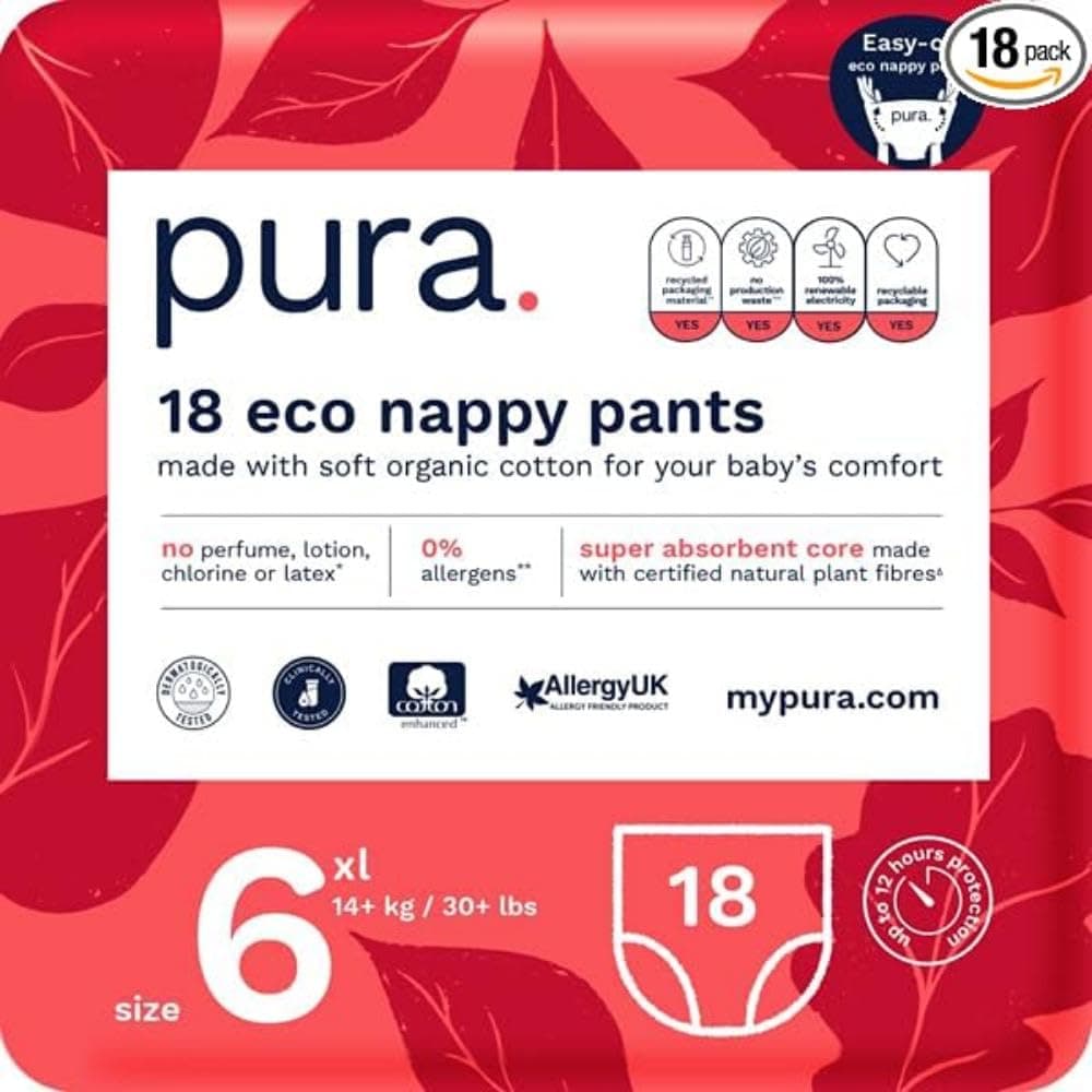 Pura Eco Nappy Pants - Size 6 (14kg+/ 30lbs+), 18 Nappies (1x Pack), Baby & Toddler Easy Pull Ups, Training Nappies, Fragrance Free, Sensitve Skin