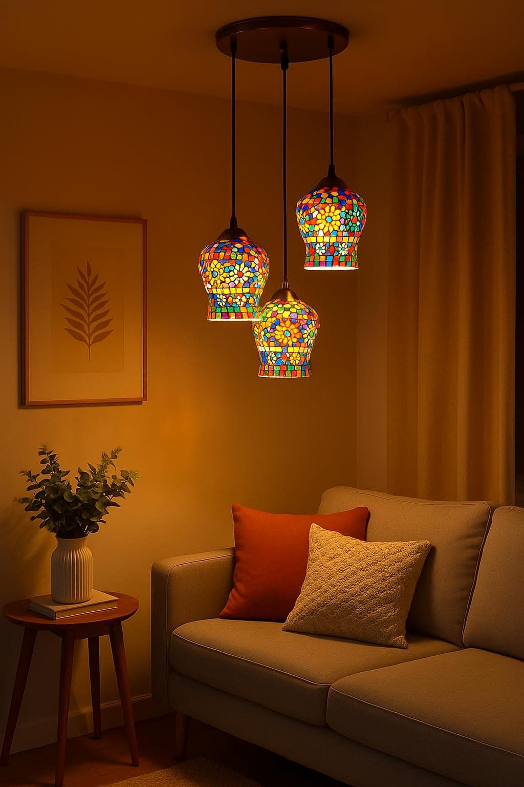Multicolour Mosaic Glass 3-Light Chandelier Pendant Lamp: Antique Decorative Ceiling Hanging with E27 Holder and 9Watt Bulbs Traditional Handcrafted Look for Living Room or Dining Area
