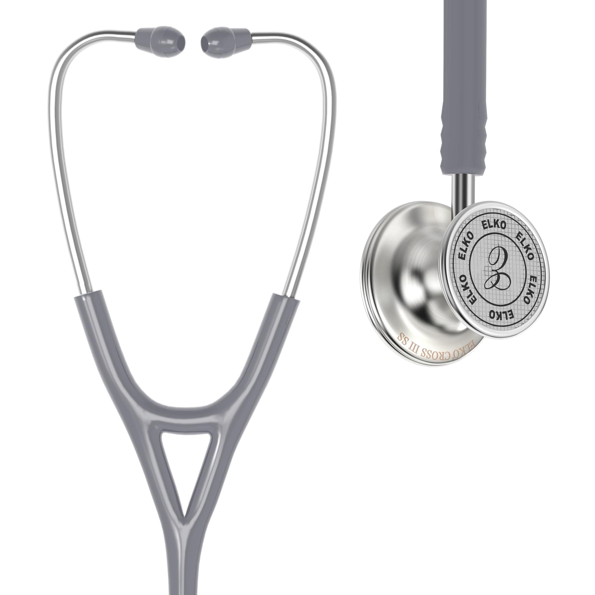 ELKO EL-190 CROSS III SS stainless steel dual head acoustic stethoscope | Adult & Pediatric Stethocope with Double-sided Stainless Steel Chestpiece | Two-Way PVC Tubing | Doctors & Medical Students (Grey)